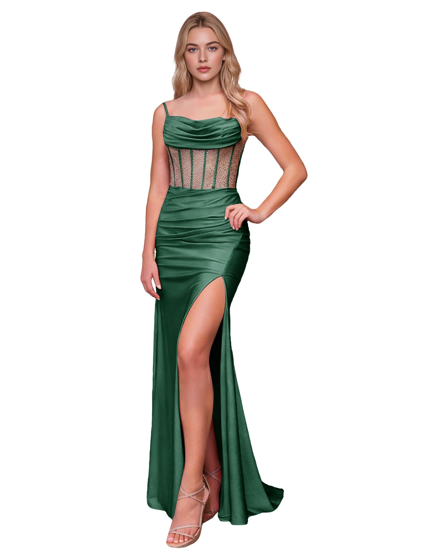 Cowl Neck Satin Mermaid Prom Dress with Spaghetti Straps and Slit