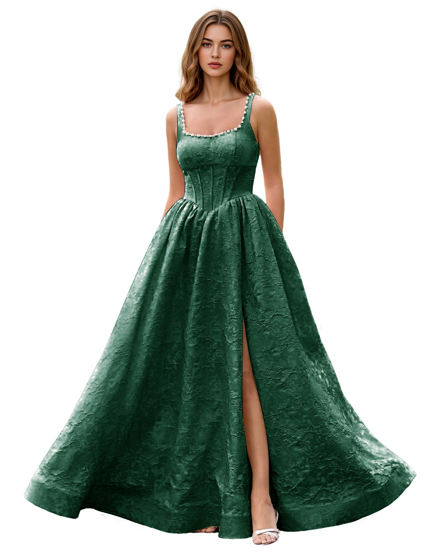 Square Neck Jacquard Ball Gown Prom Dress with Wide Straps and Pockets