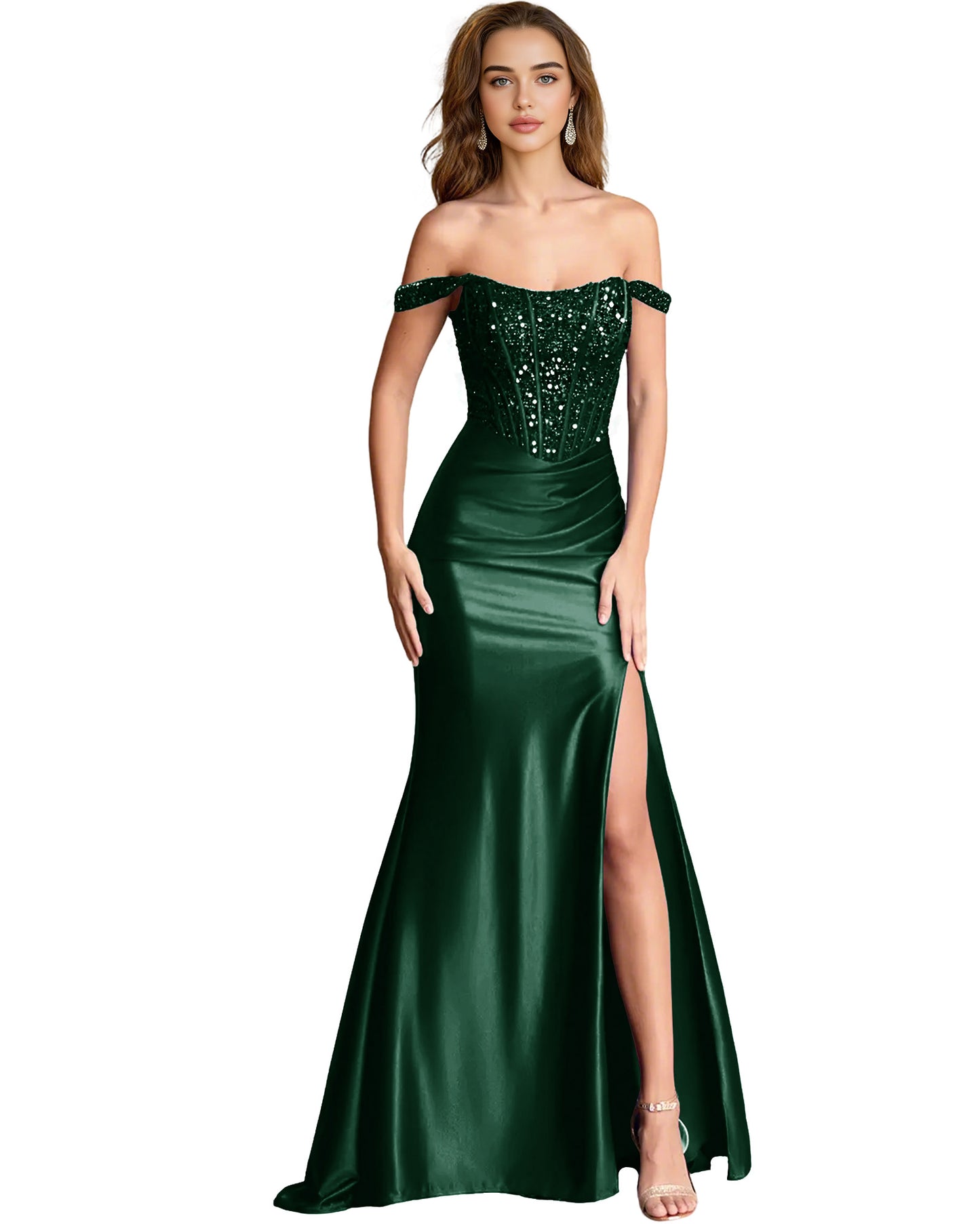 Off Shoulder Sequin Satin Mermaid Dress with Draped dress Slit