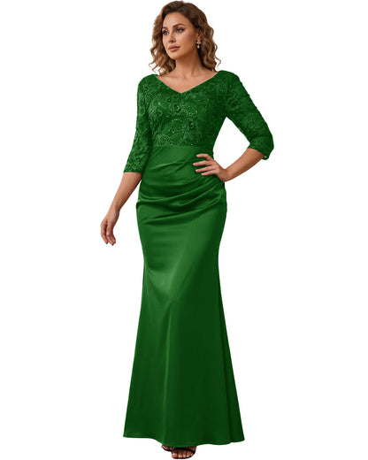 Mother of the Bride Dress Long Lace Mermaid Formal Gown with 3/4 Sleeves