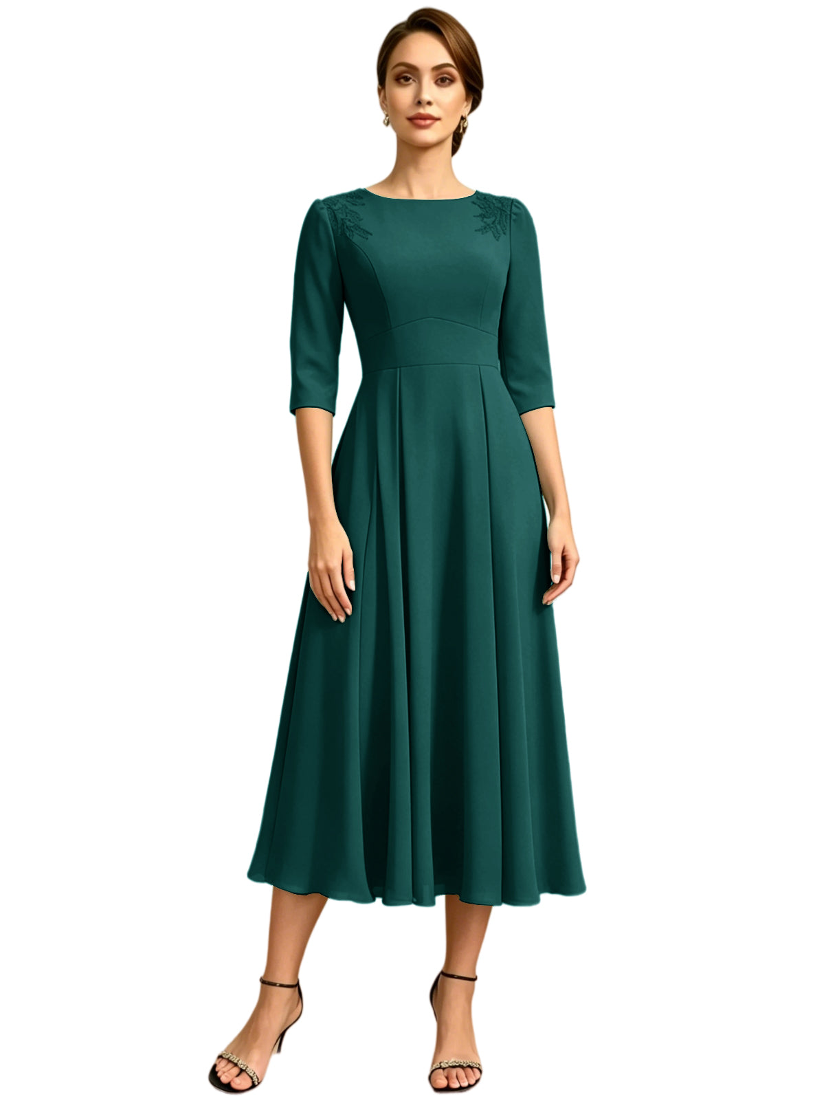Tea Length Mother of the Bride Dress Jewel Neck Chiffon A-Line Formal Gown with Embroidery