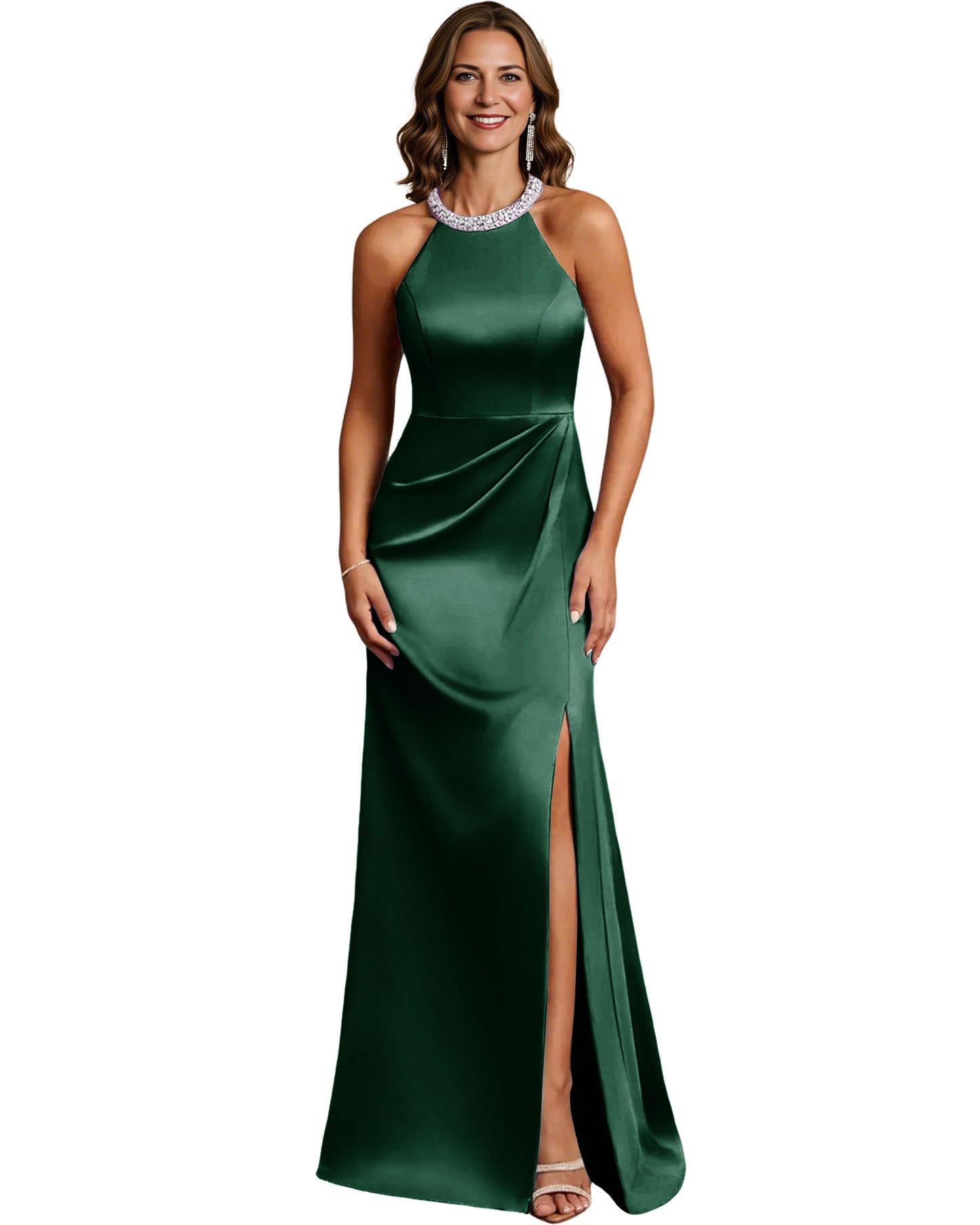 Halter Neck Mother of the Bride Dress Satin Mermaid Gown with Beaded Collar and Slit
