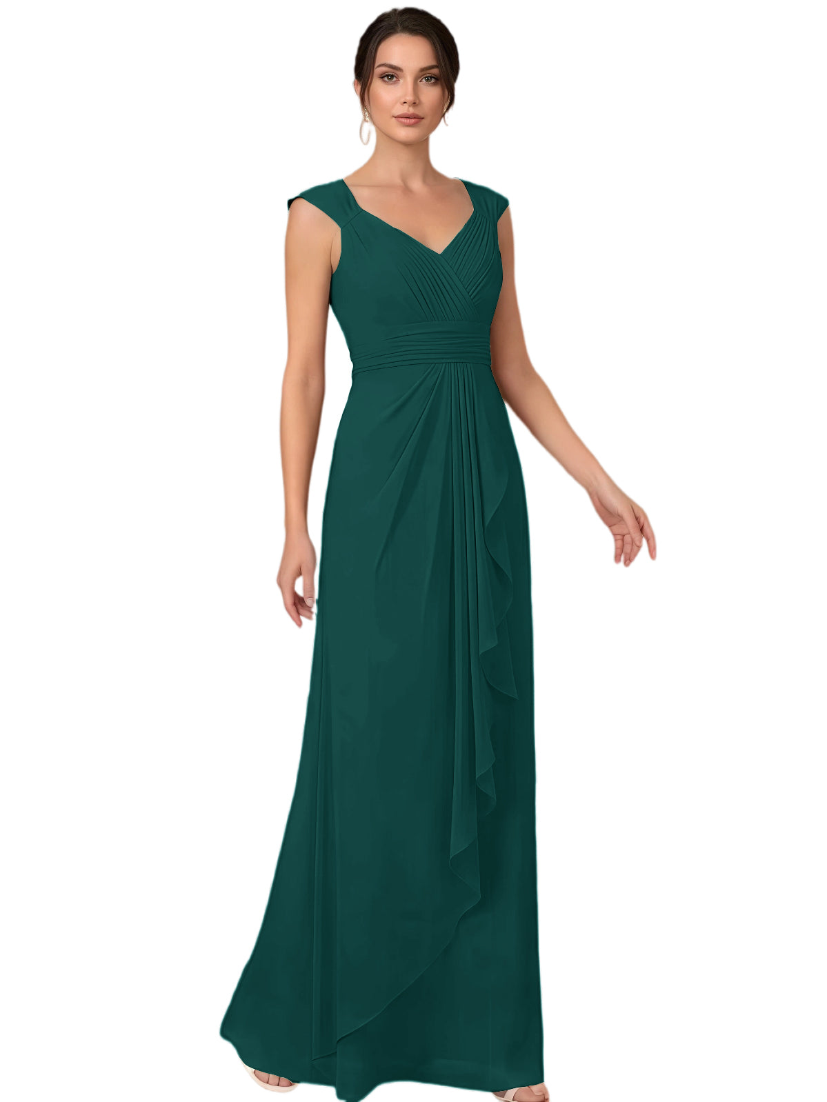 Mother of the Bride Dress Long Sleeveless V-Neck Chiffon Formal Gown with Ruffle Detail