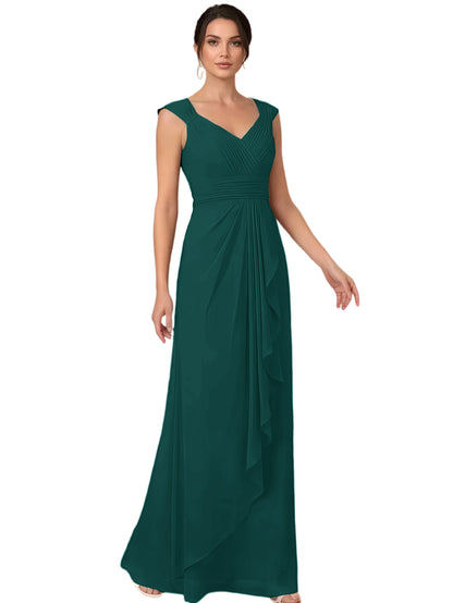 Mother of the Bride Dress Long Sleeveless V-Neck Chiffon Formal Gown with Ruffle Detail