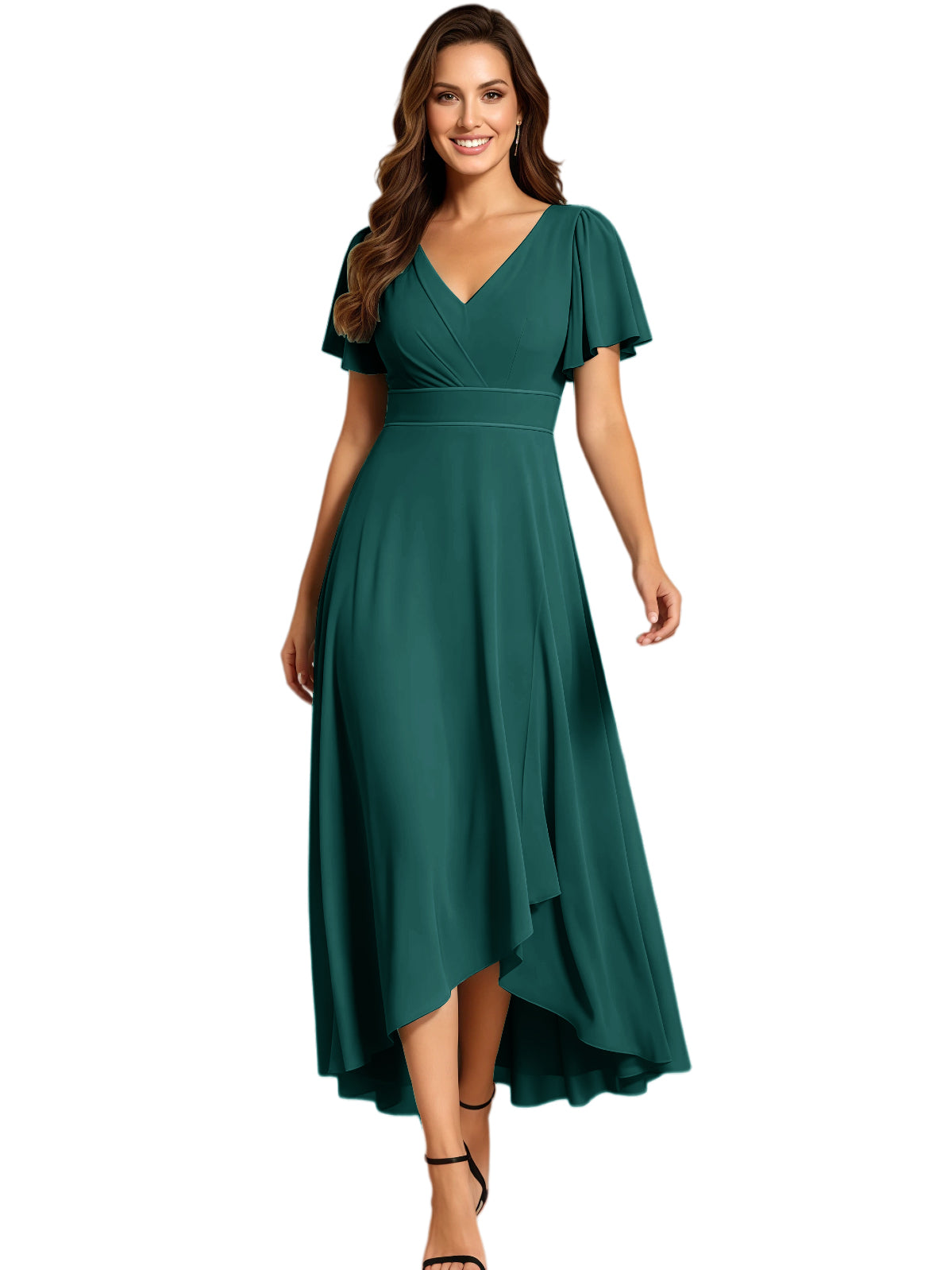 High Low Mother of the Bride Dress V-Neck Flutter Sleeve Chiffon Formal Gown