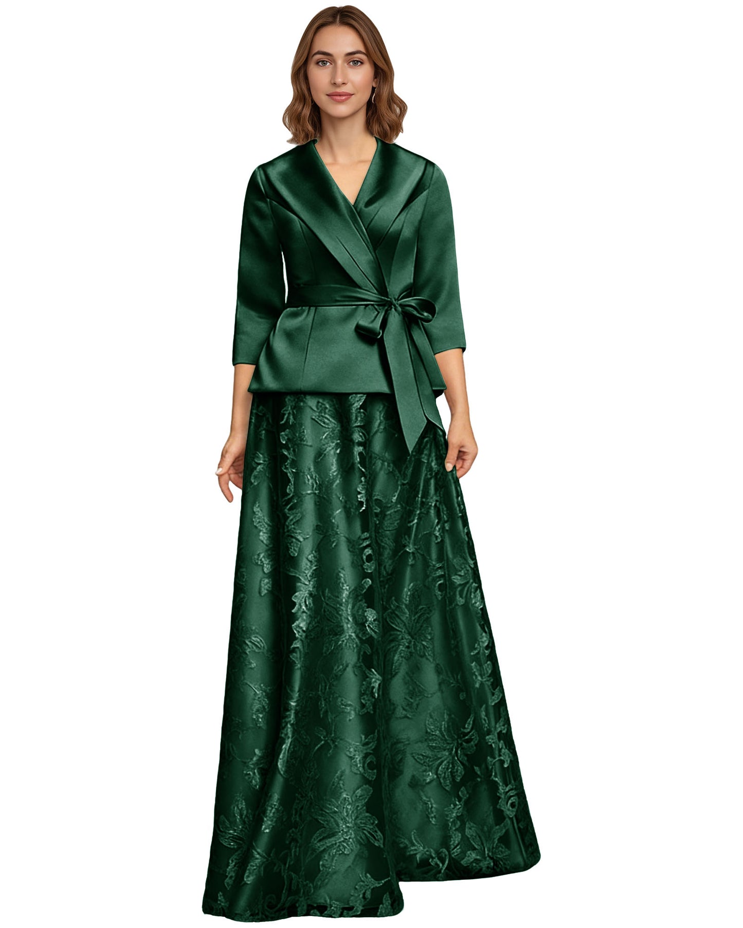 Two Piece Mother of the Bride Dress Satin Wrap Top Embroidered Long Skirt Formal Set