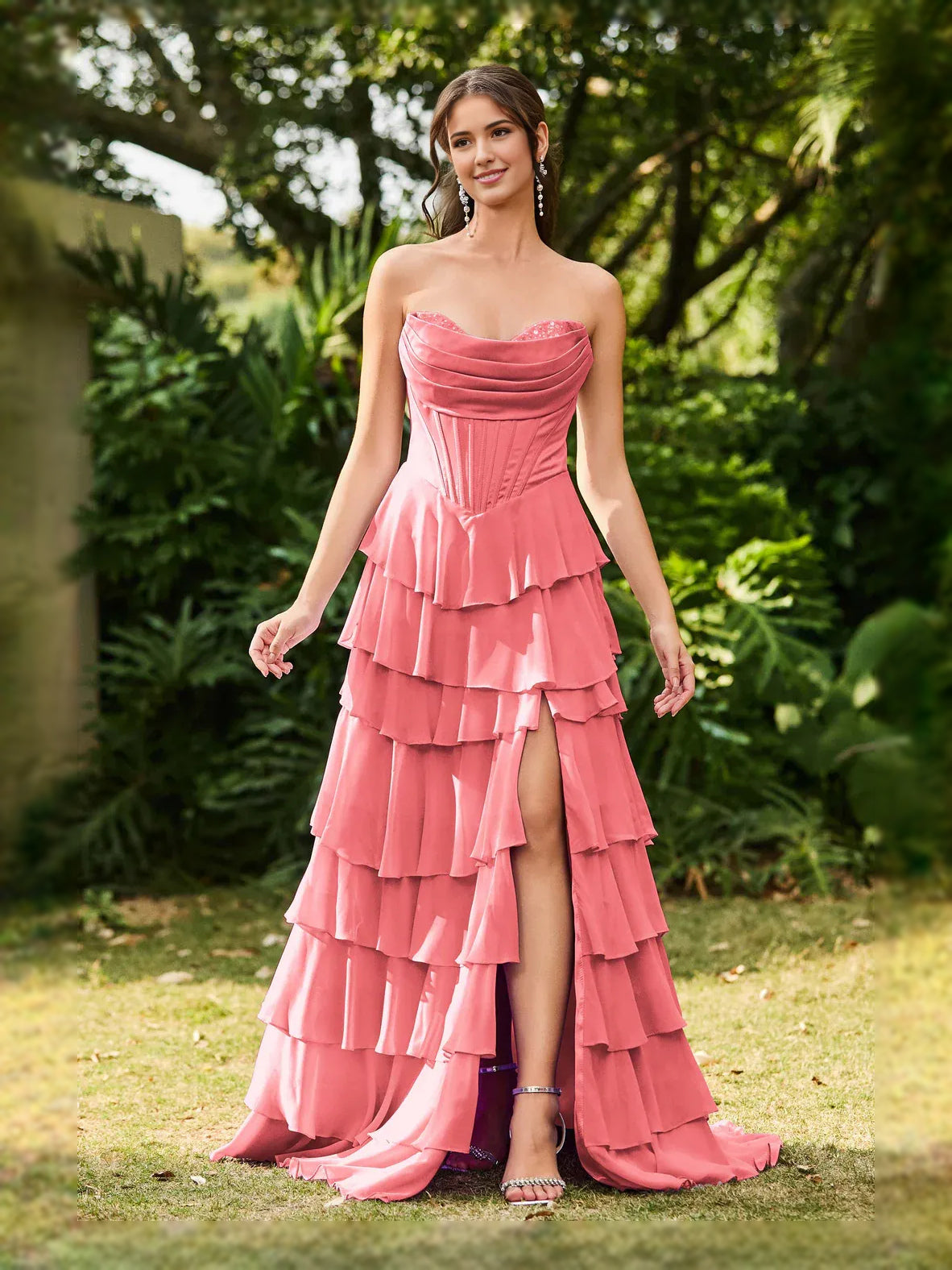 Corset Tiered Slit Strapless A-Line Maxi Chiffon Prom Dress for Formal Dance