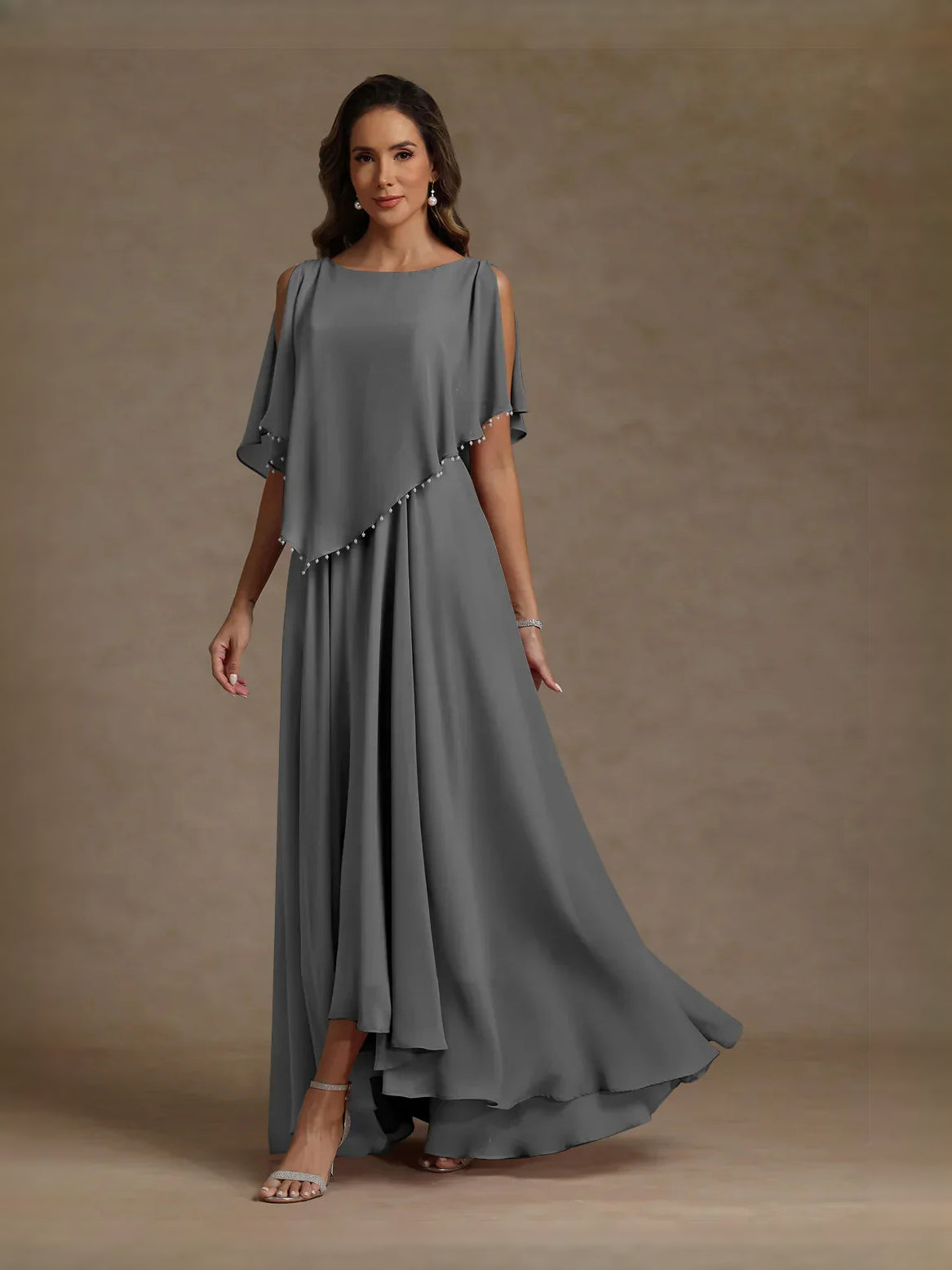 Draped Beaded A-Line Floor-Length Chiffon Mother of the Bride Dress for Engagement Dinner