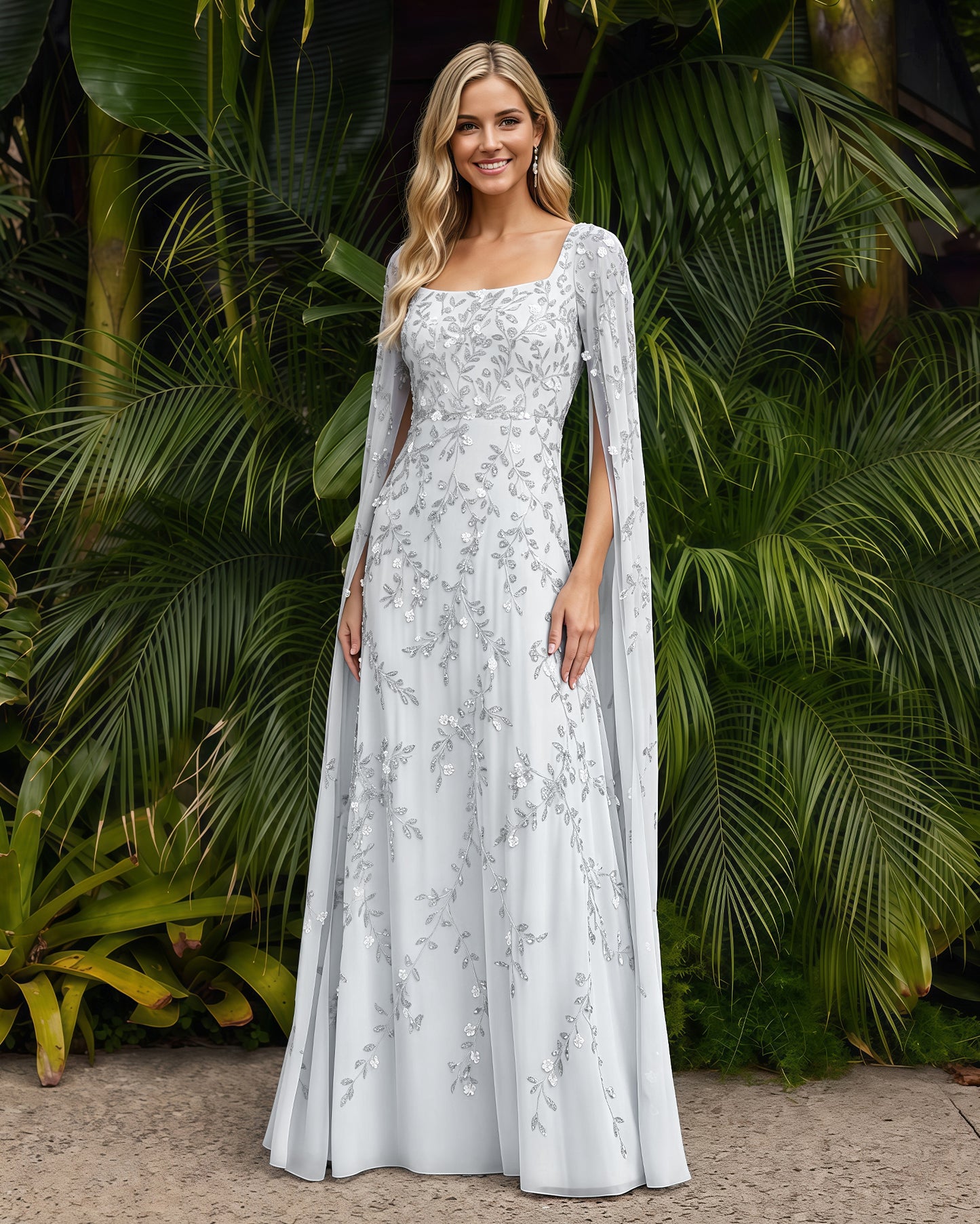 Square-Neck Long-Sleeve Lace A-Line Formal Dress
