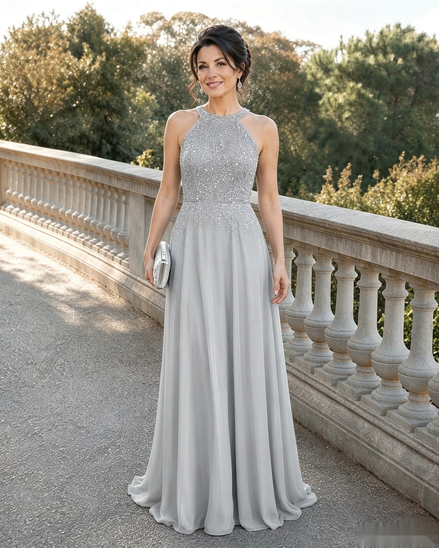 Halter Neck Sequin Chiffon A-Line Mother of the Bride Dress