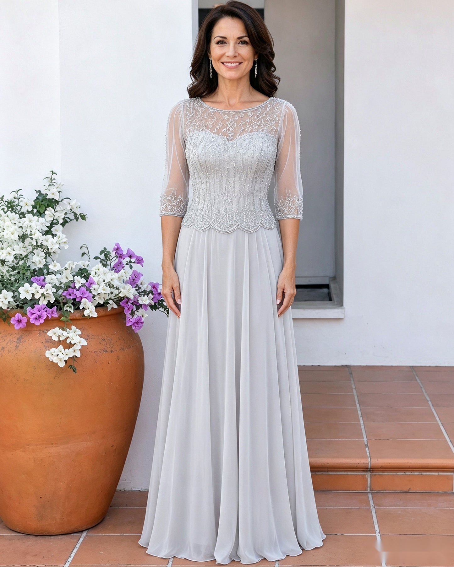 Illusion Lace Three-Quarter Sleeve A-Line Mother of the Bride Dress
