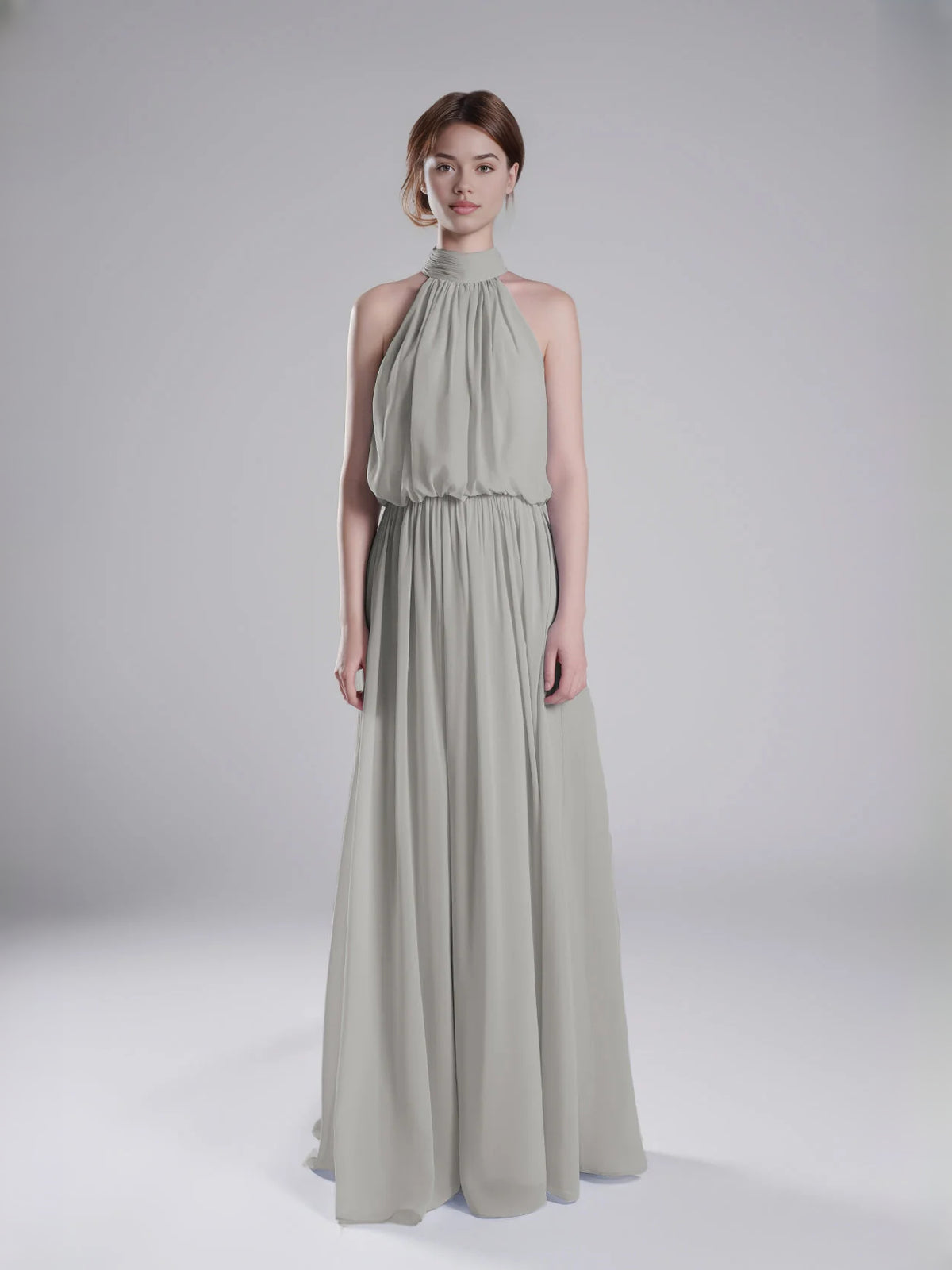 Pleated Halter Neck A-Line Floor-Length Chiffon Bridesmaid Dress for Garden Wedding