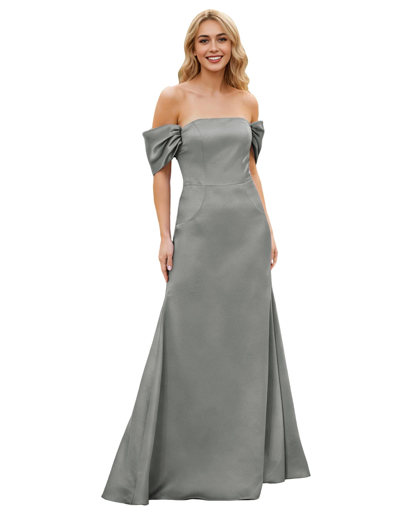 Off Shoulder Satin Bridesmaid Dress with Foldover Neckline and Trumpet Dress