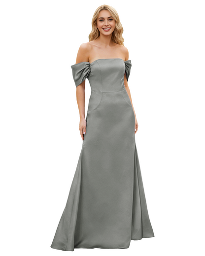 Off Shoulder Satin Bridesmaid Dress with Foldover Neckline and Trumpet Dress