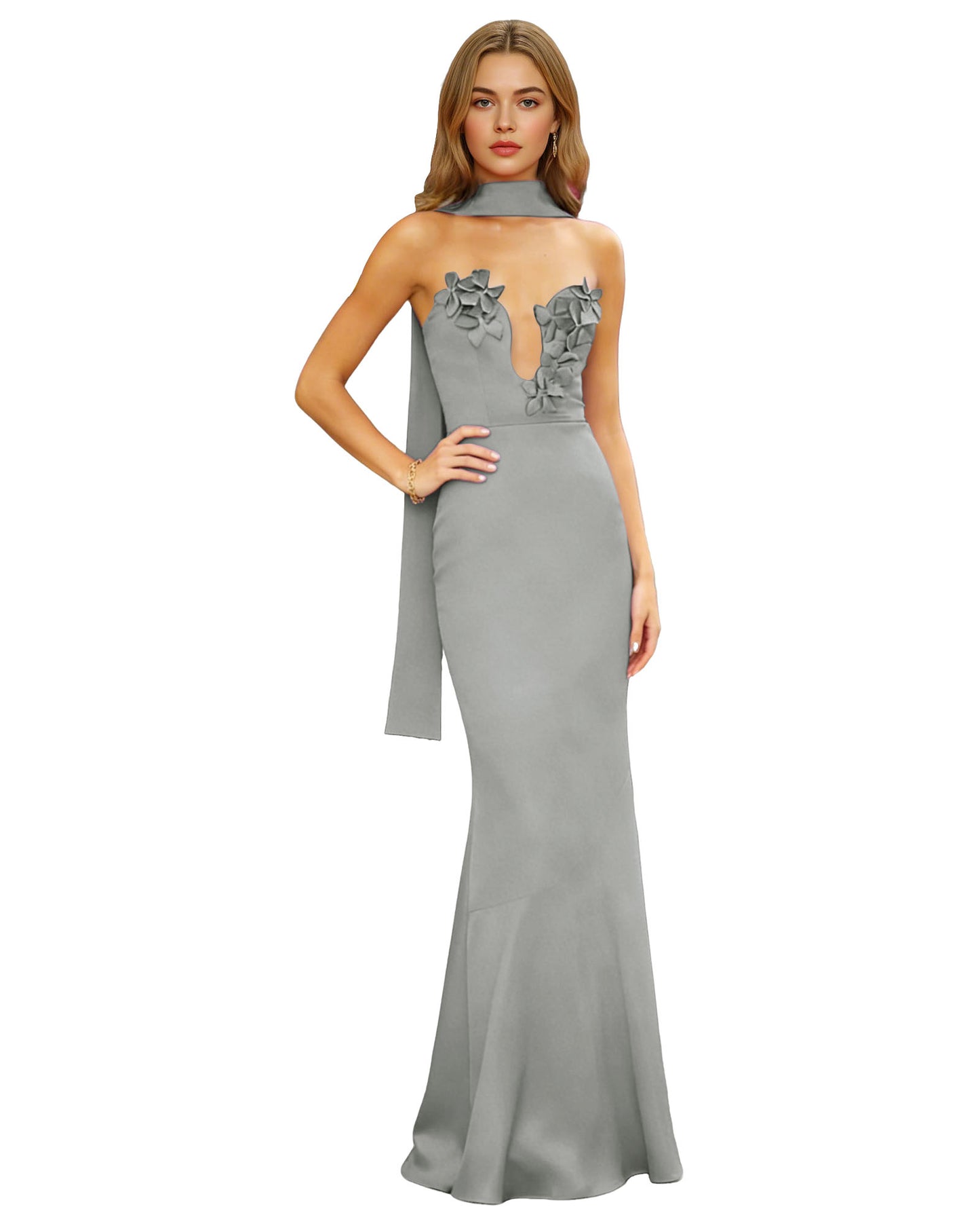 Halter Neck Satin Column Prom Dress with Illusion Cutout and Open Back