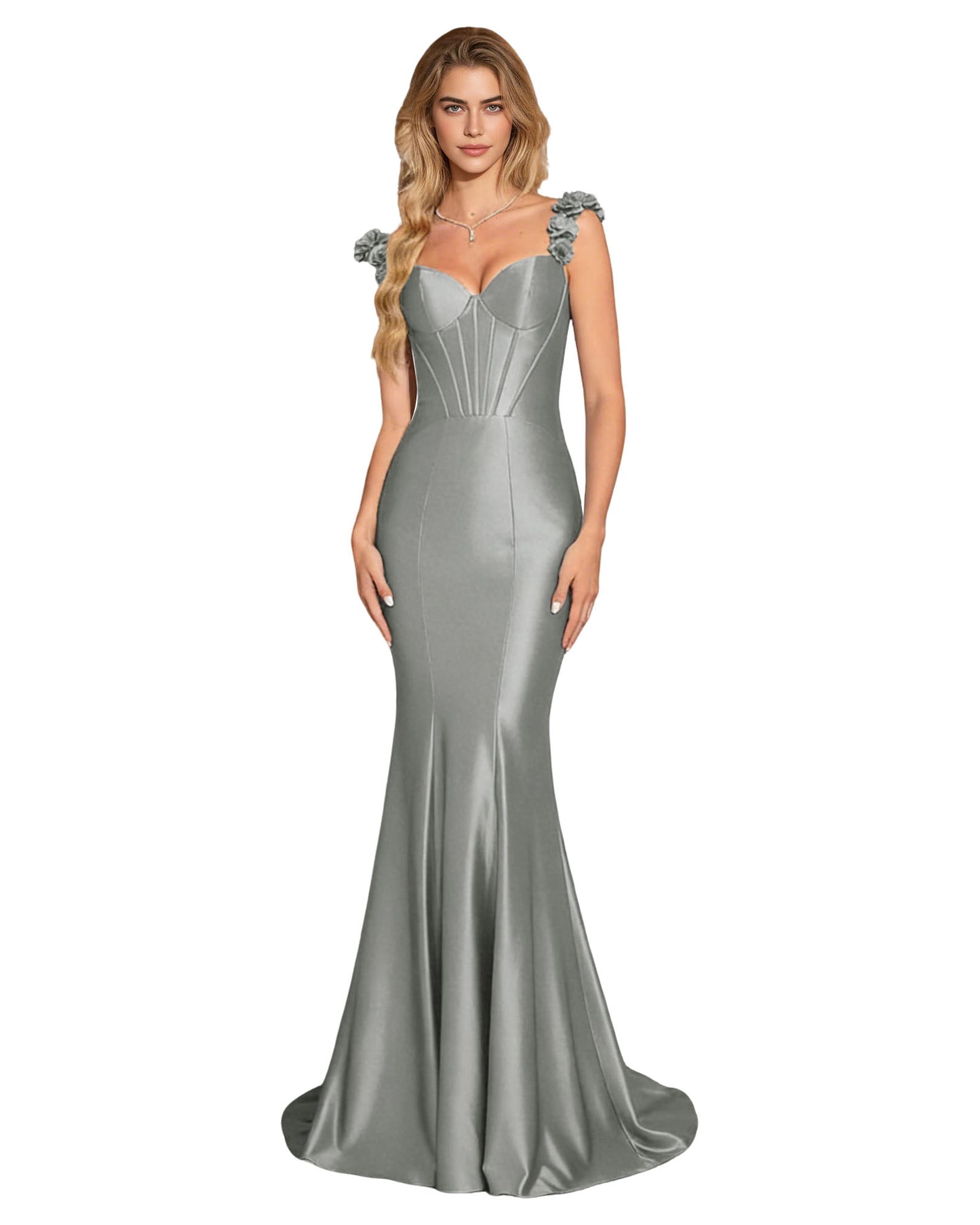 Floral Strap Satin Mermaid Prom Dress with Corset Bodice and Sweep Train
