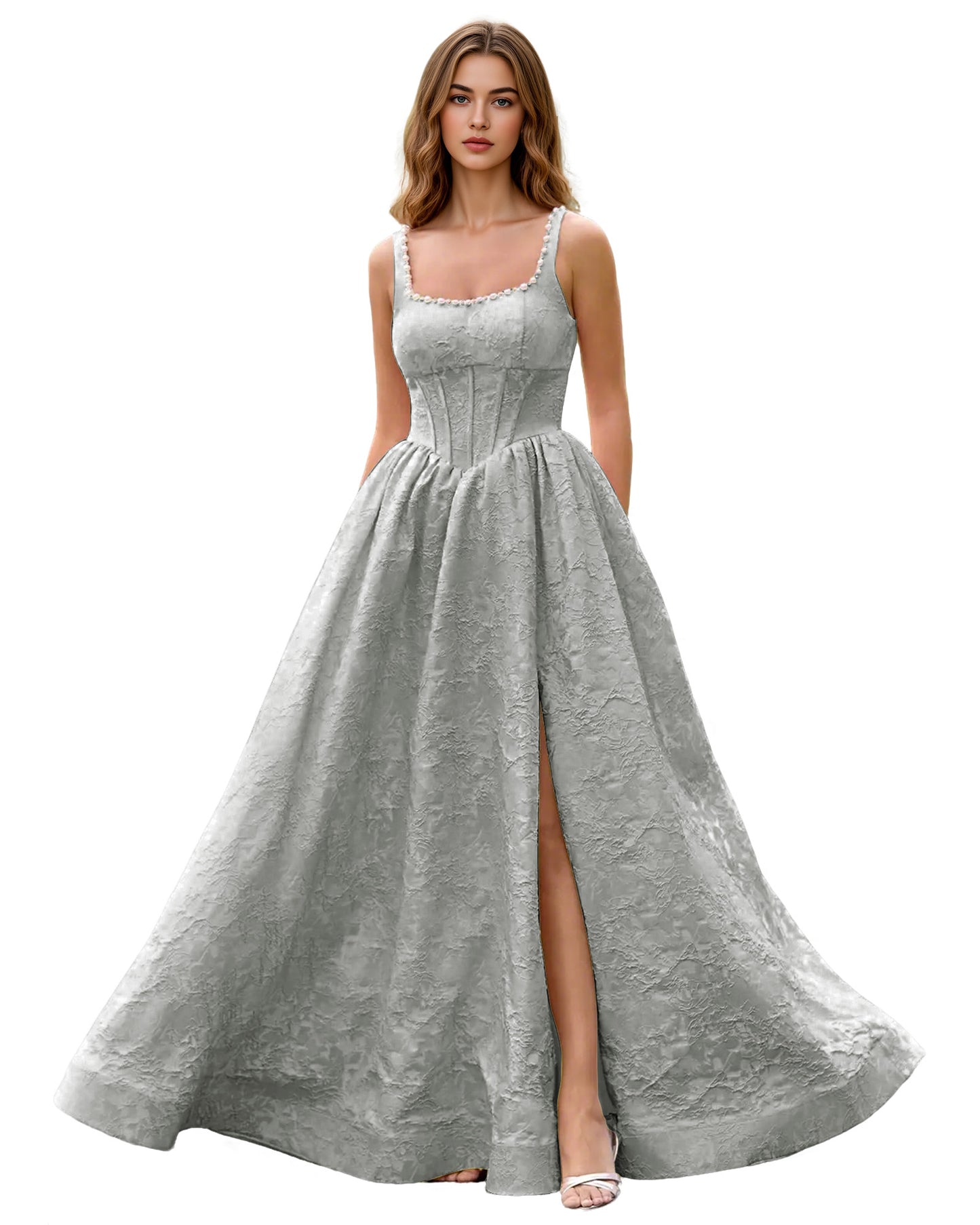 Square Neck Jacquard Ball Gown Prom Dress with Wide Straps and Pockets