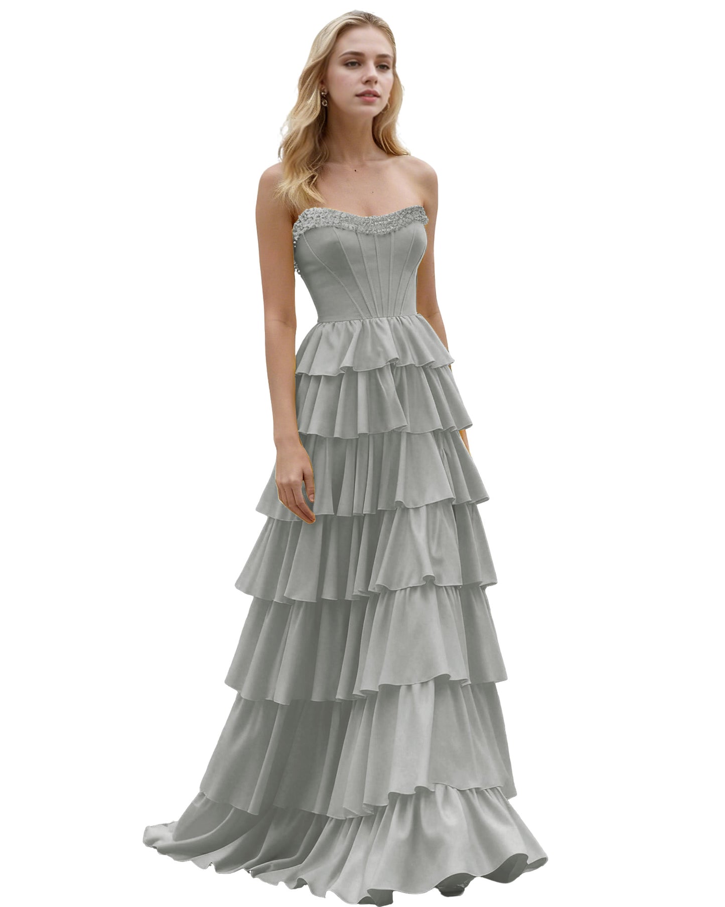 Strapless Tiered Ruffle A-Line Prom Dress with Corset Bodice