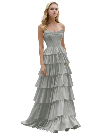 Strapless Tiered Ruffle A-Line Prom Dress with Corset Bodice