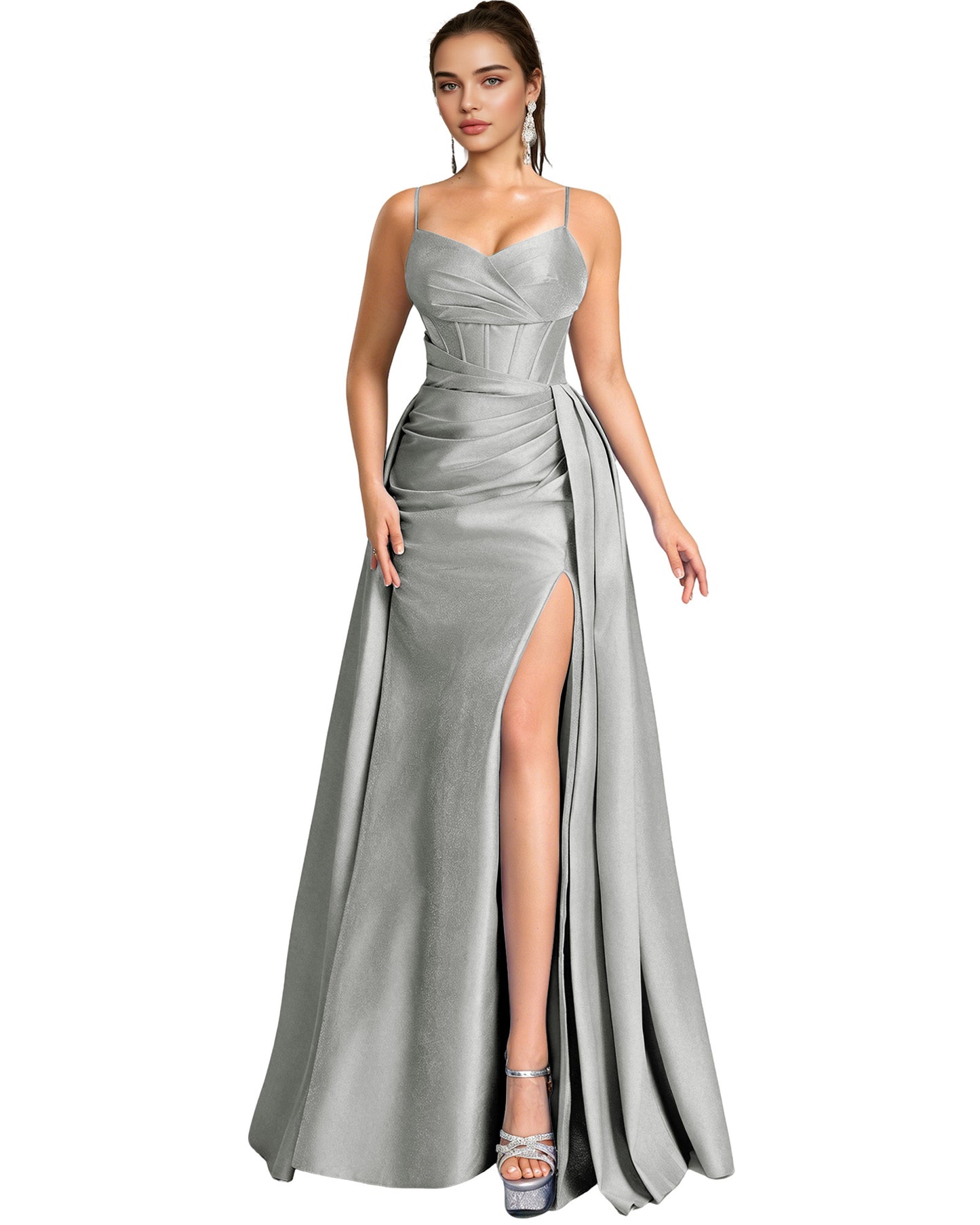 One Shoulder Satin A-Line Prom Dress with Wrap Bodice and Side Slit
