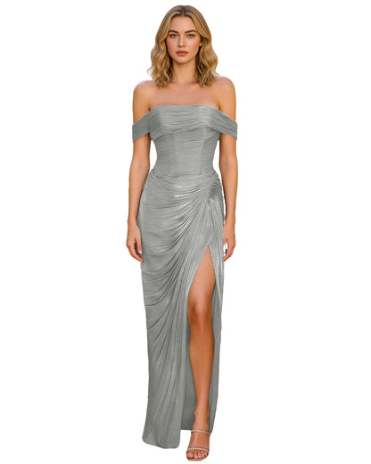 Off Shoulder Ruched Jersey Prom Dress with Wrap Bodice and High Slit