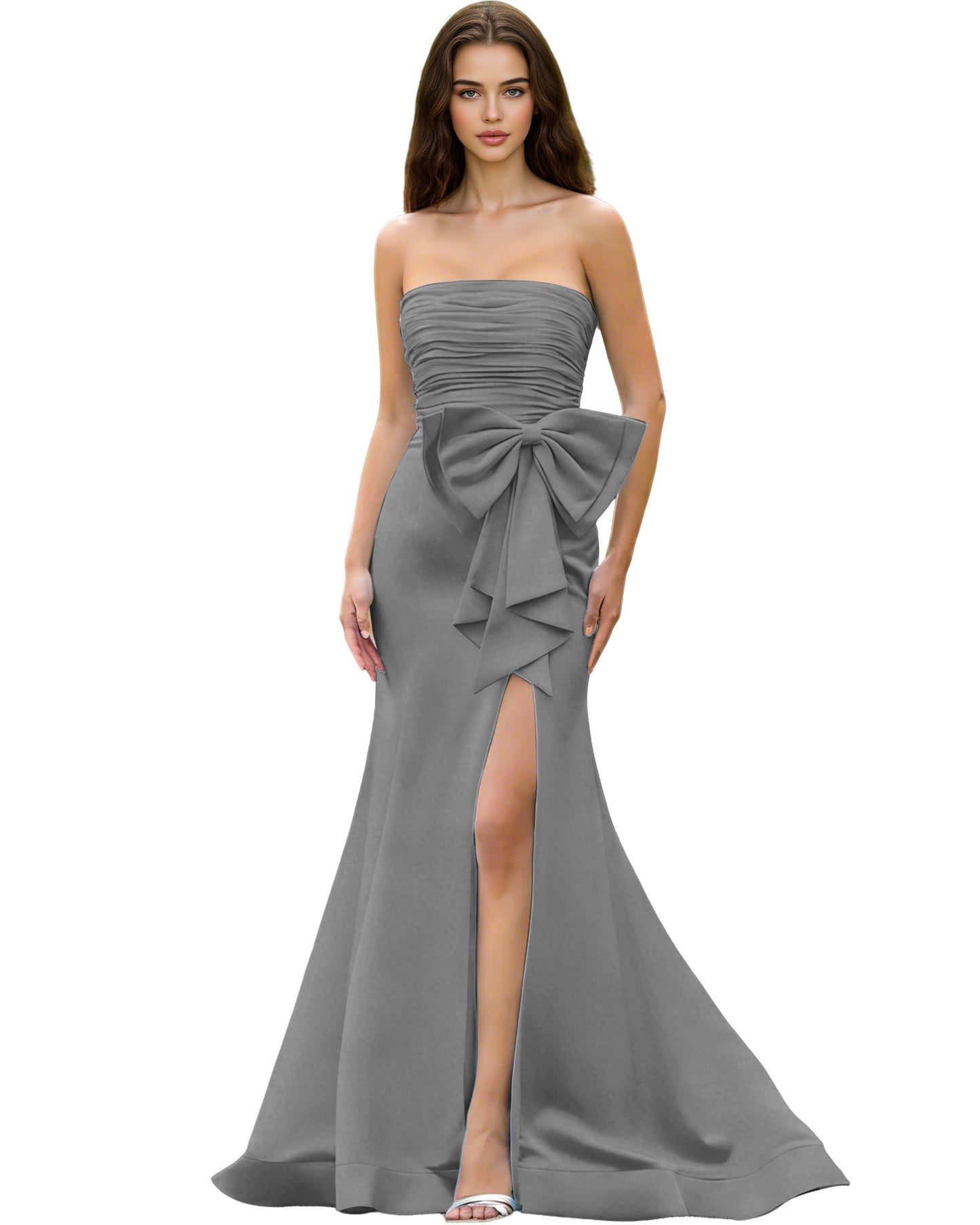Strapless Bow Detail Satin Prom Dress with Ruched Bodice and Slit