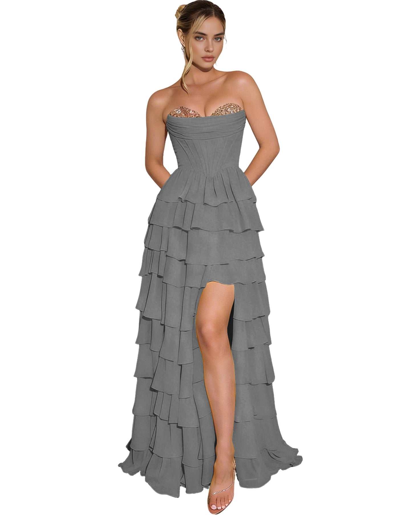Strapless Layered Tulle Prom Dress with Corset Bodice and High Low Hem