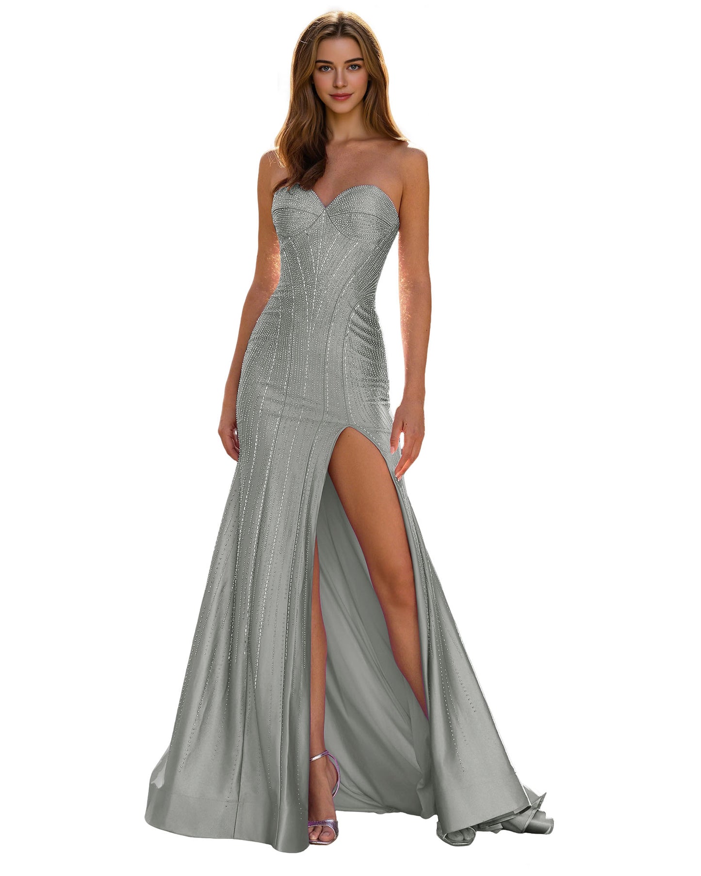 Strapless Sequin Column Prom Dress with Side Slit and Sweep Train