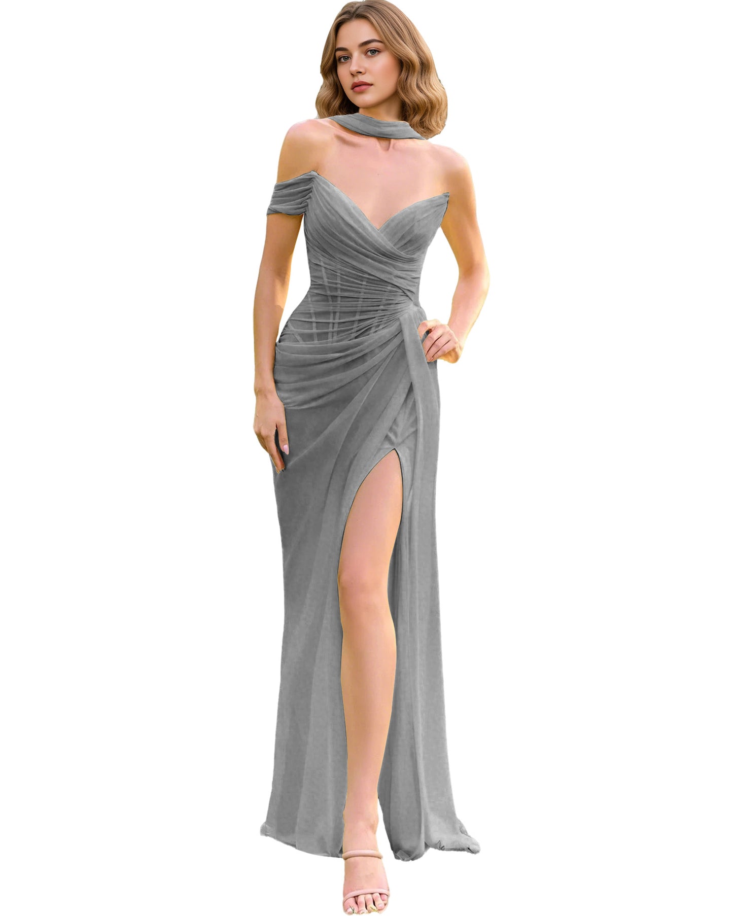 Off Shoulder Chiffon Column Prom Dress with Draped Bodice and Leg Slit