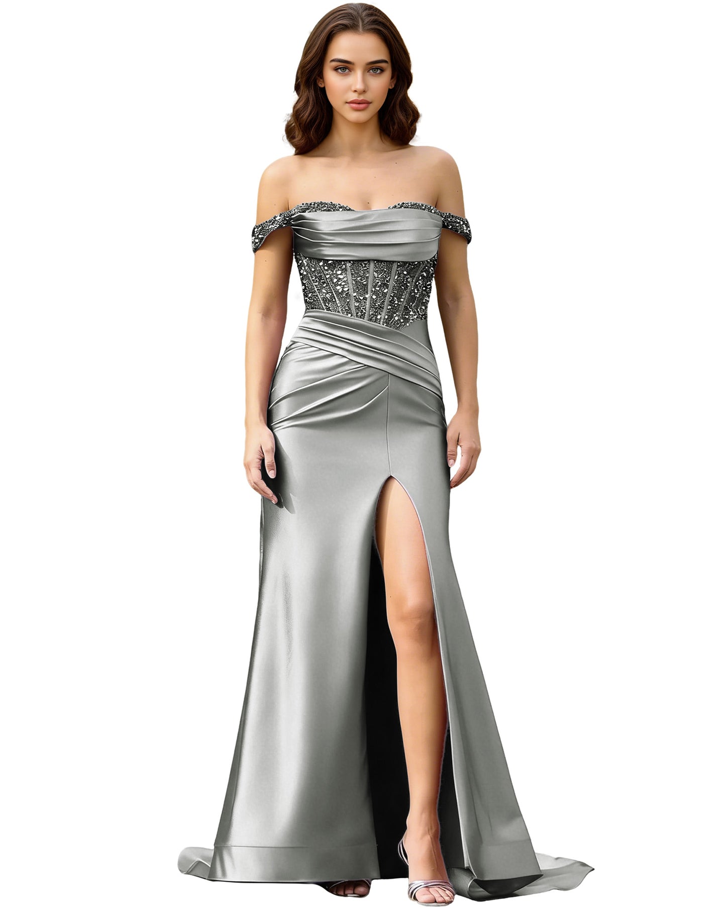 Off Shoulder Ruched Satin Prom Dress with Basque Waist and Front Slit
