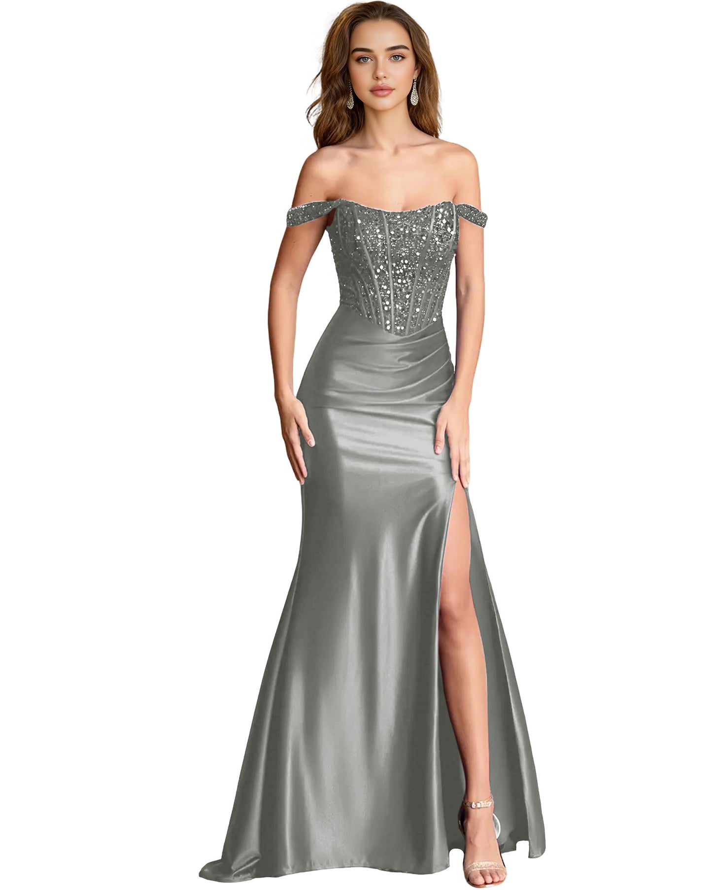 Off Shoulder Sequin Satin Mermaid Dress with Draped dress Slit