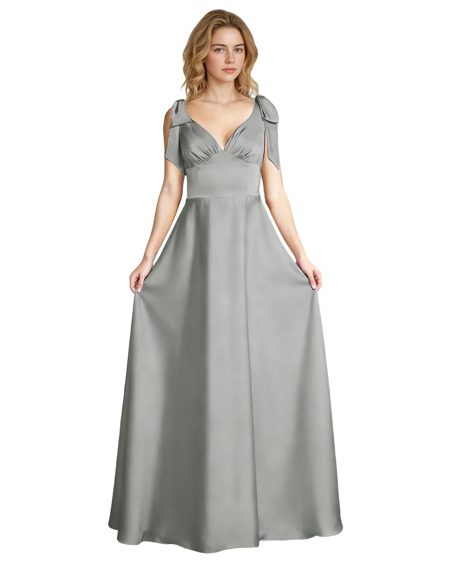 V-Neck Bow Strap Satin Bridesmaid Dress with Empire Waist