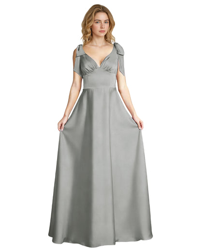 V-Neck Bow Strap Satin Bridesmaid Dress with Empire Waist