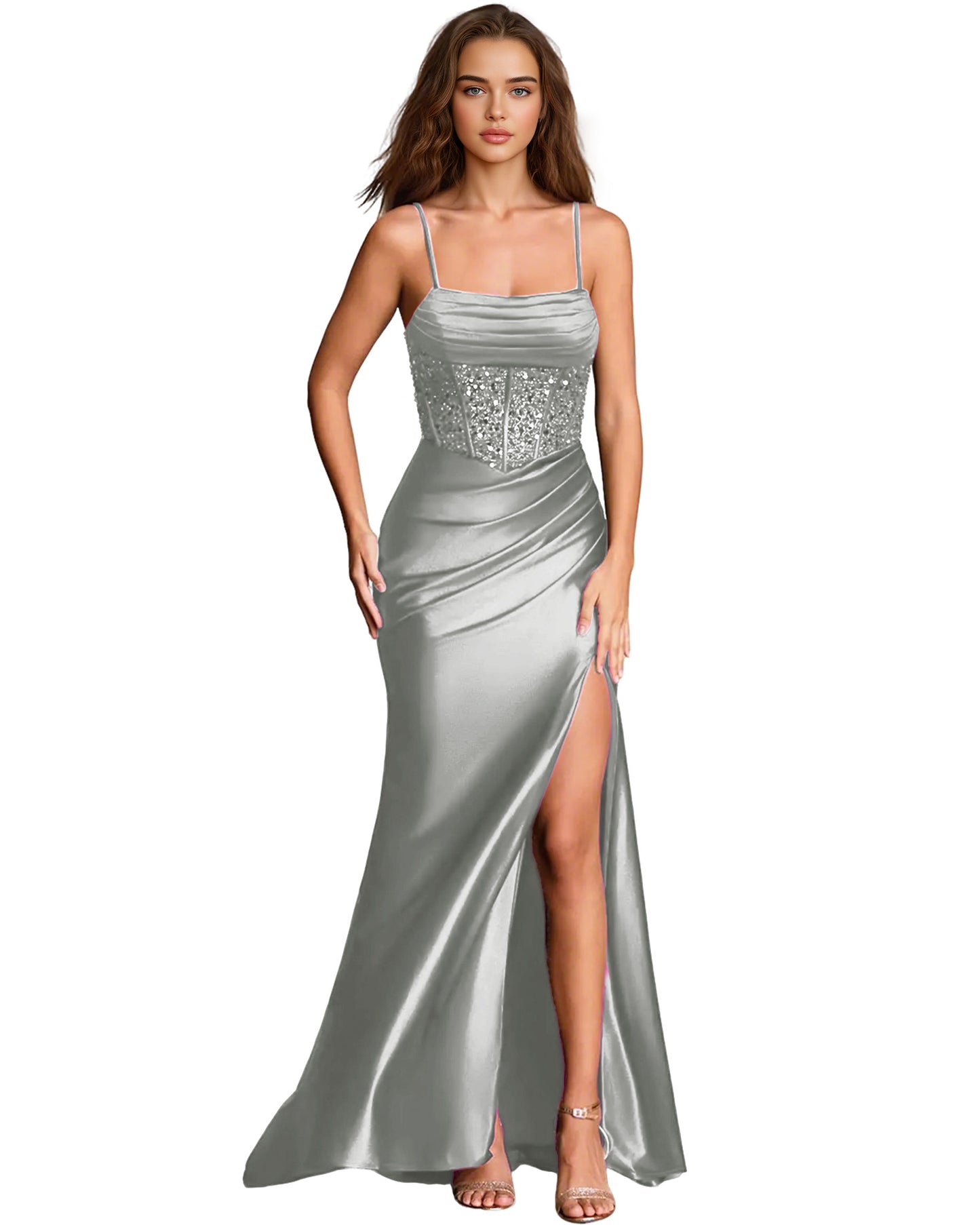 Square Neck Satin Sheath Prom Dress with Spaghetti Straps and Side Slit