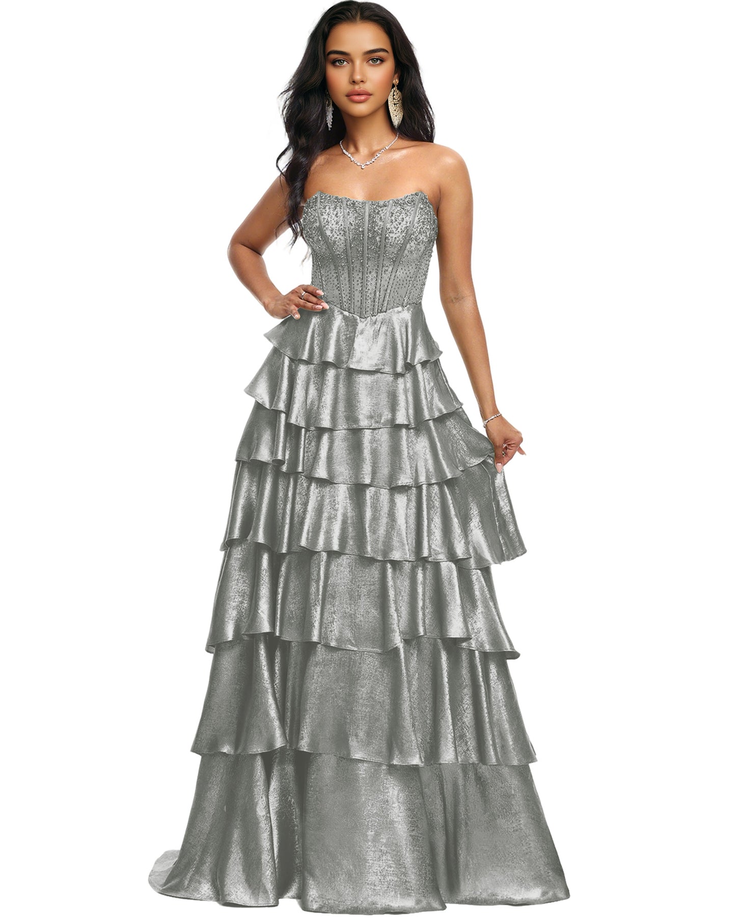 Strapless Tiered Sequin A-Line Prom Dress with Ruffle Layers