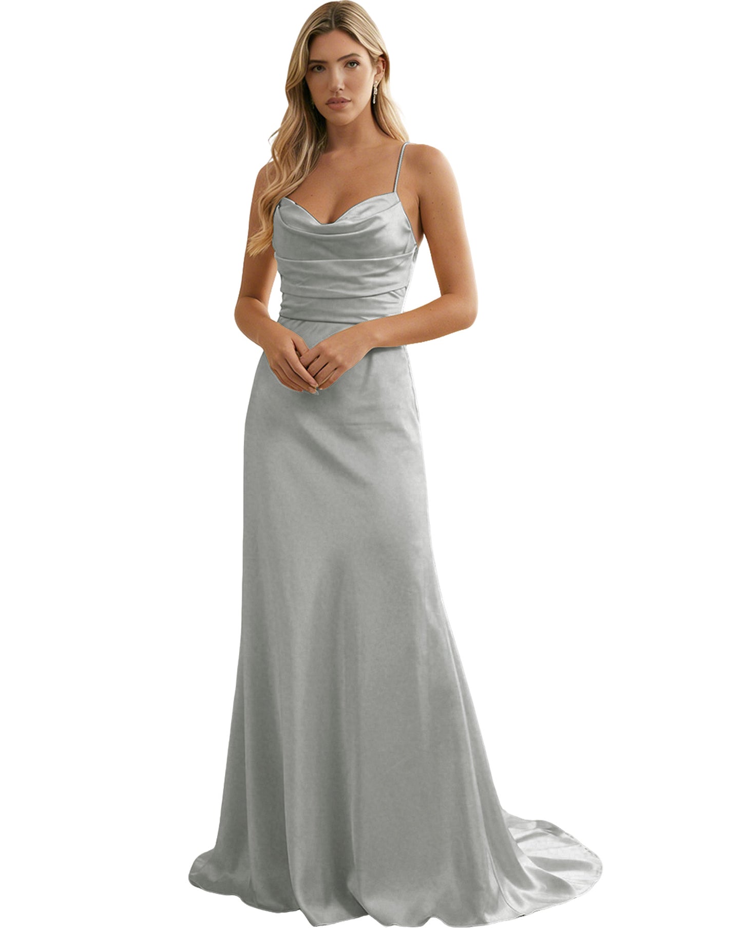 Spaghetti Straps Ruched Satin Floor Length Bridesmaid Dress