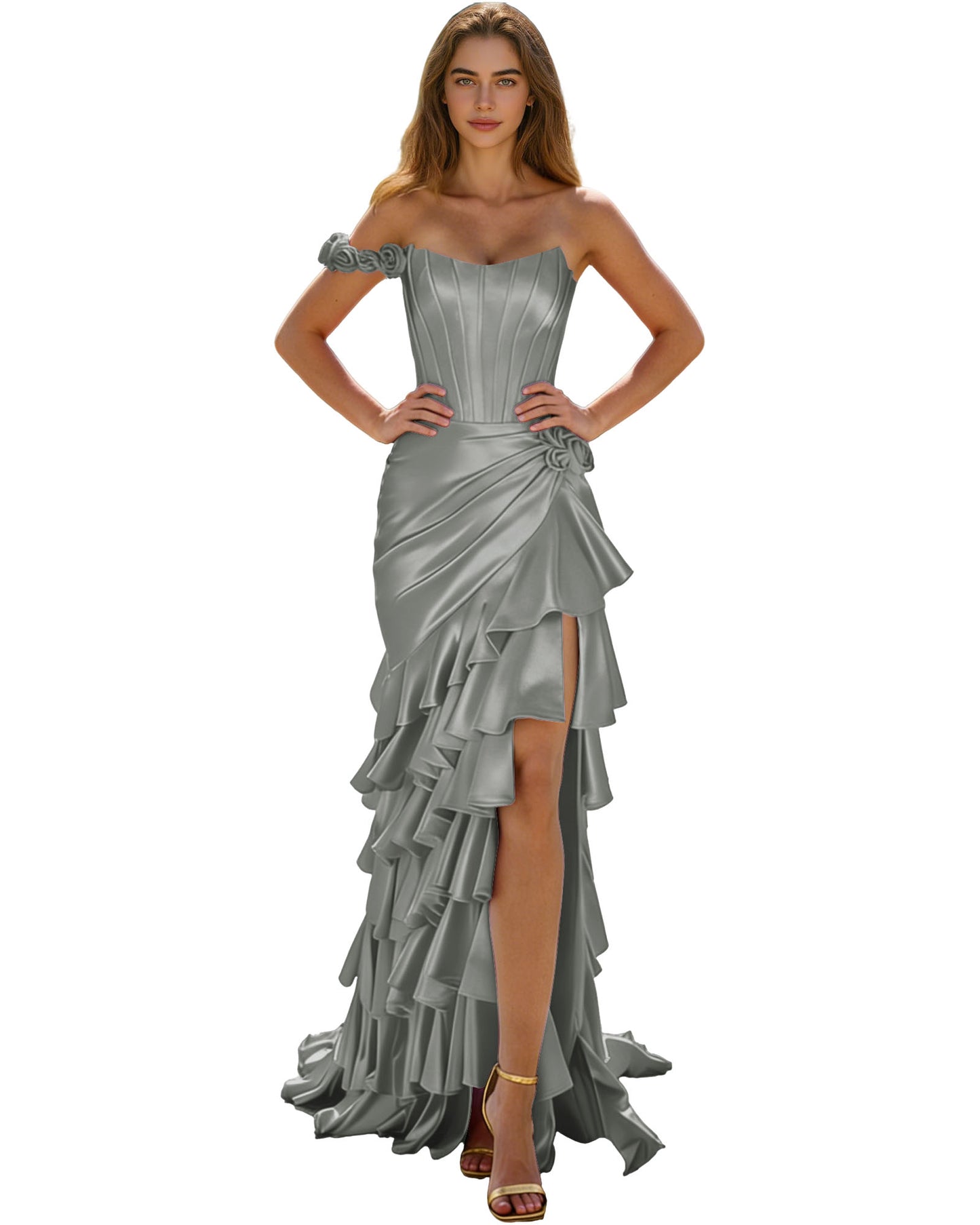 Off Shoulder Ruffle High Low Prom Dress with Tiered dress and Corset Waist
