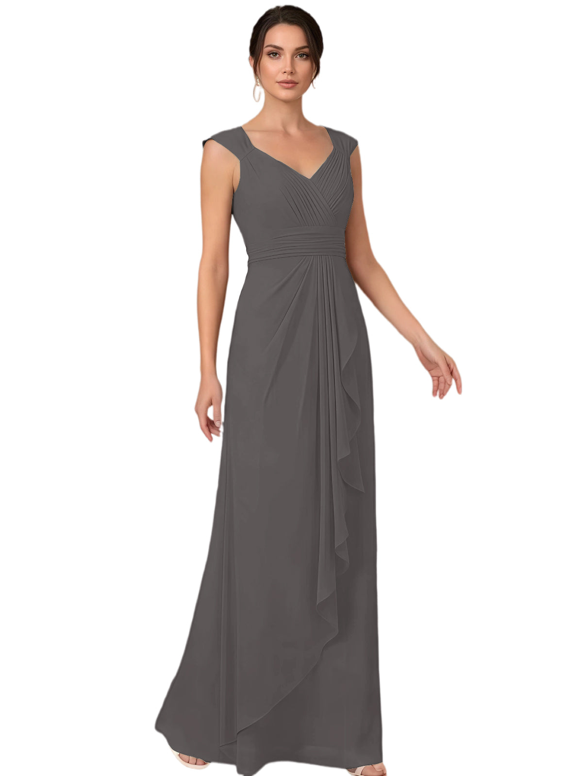 Mother of the Bride Dress Long Sleeveless V-Neck Chiffon Formal Gown with Ruffle Detail