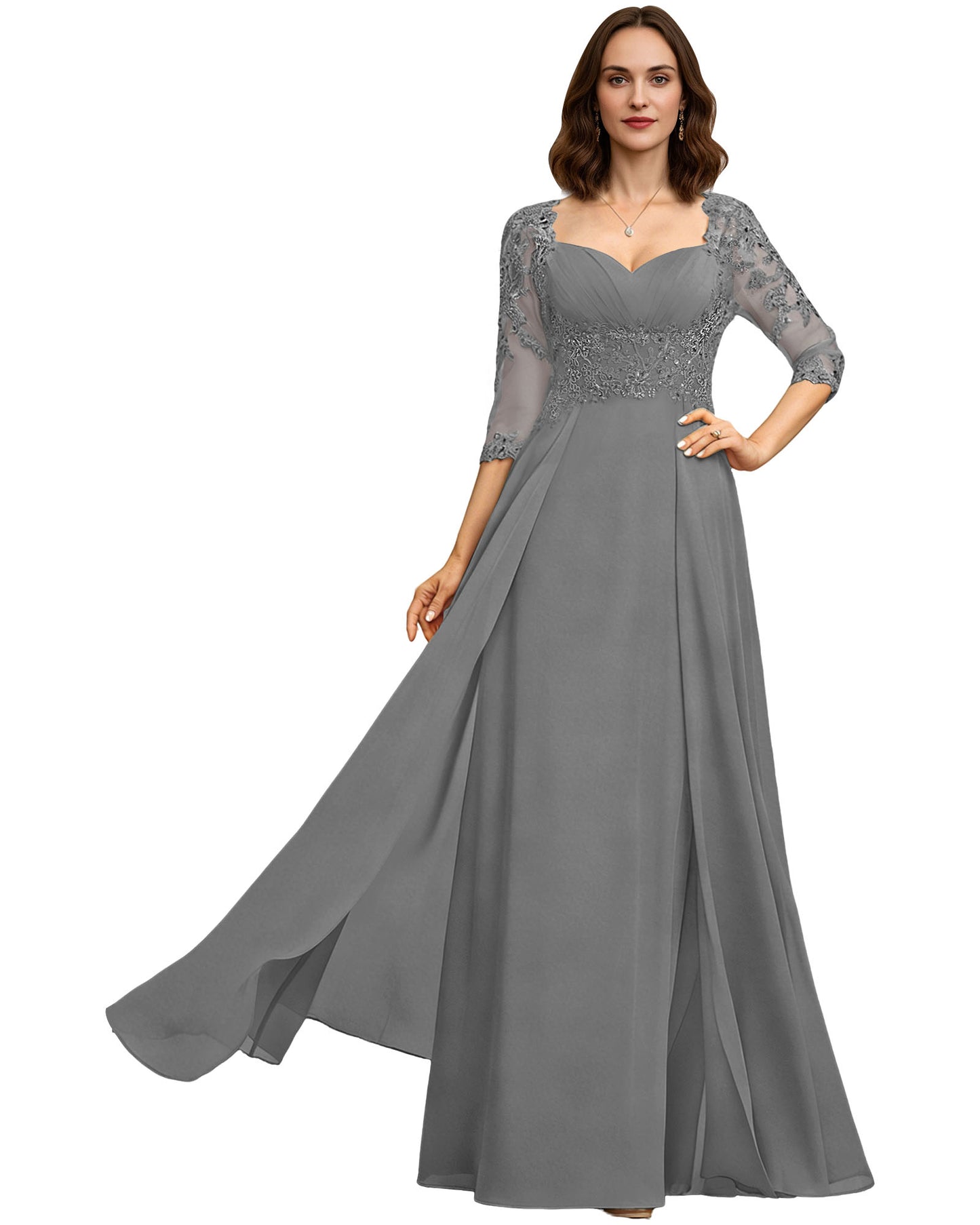 Long Sweetheart Mother of the Bride Dress Lace 3/4 Sleeve Chiffon A-Line Gown