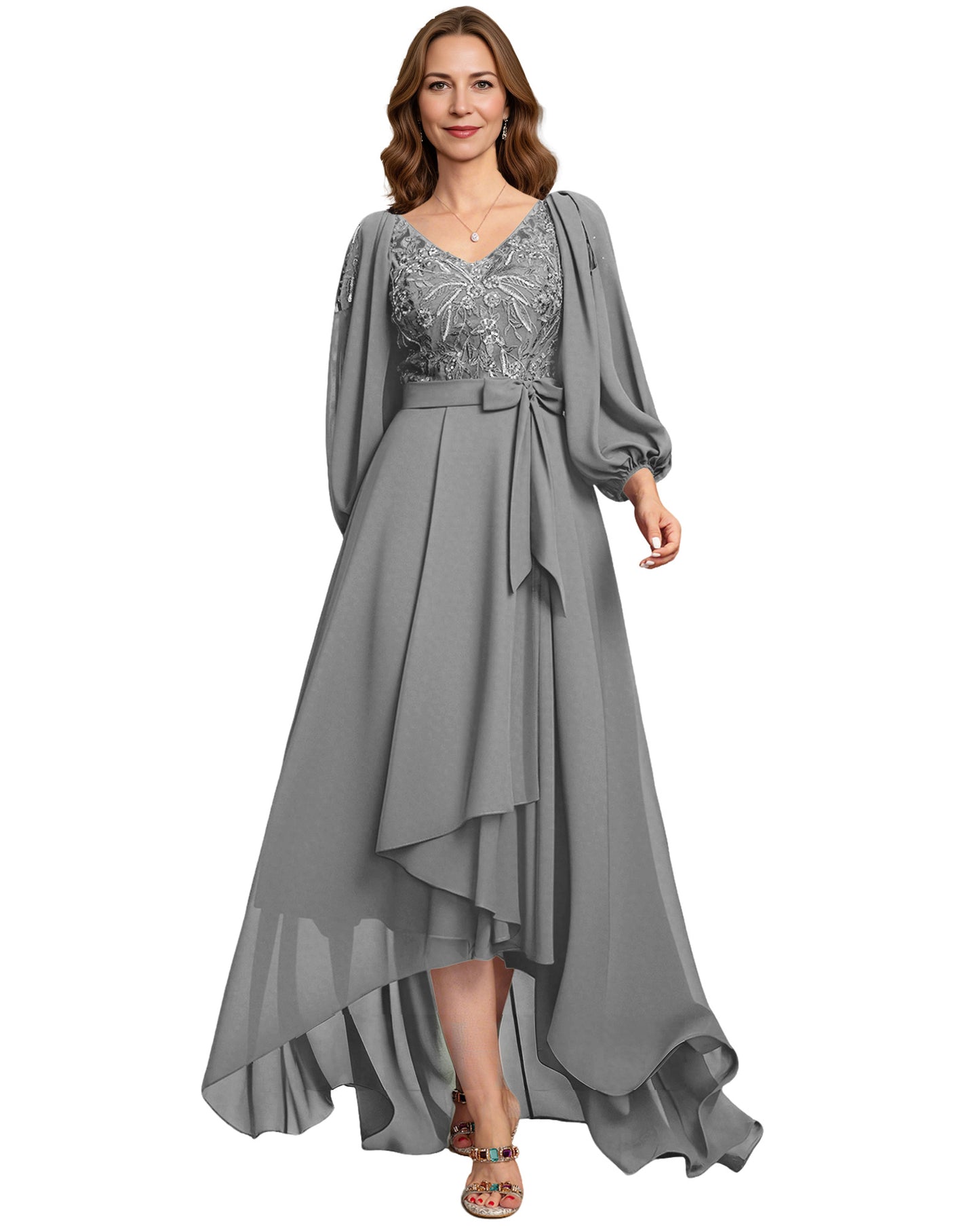 High Low Mother of the Bride Dress Lace Bodice Chiffon Jacket Formal Wedding Gown