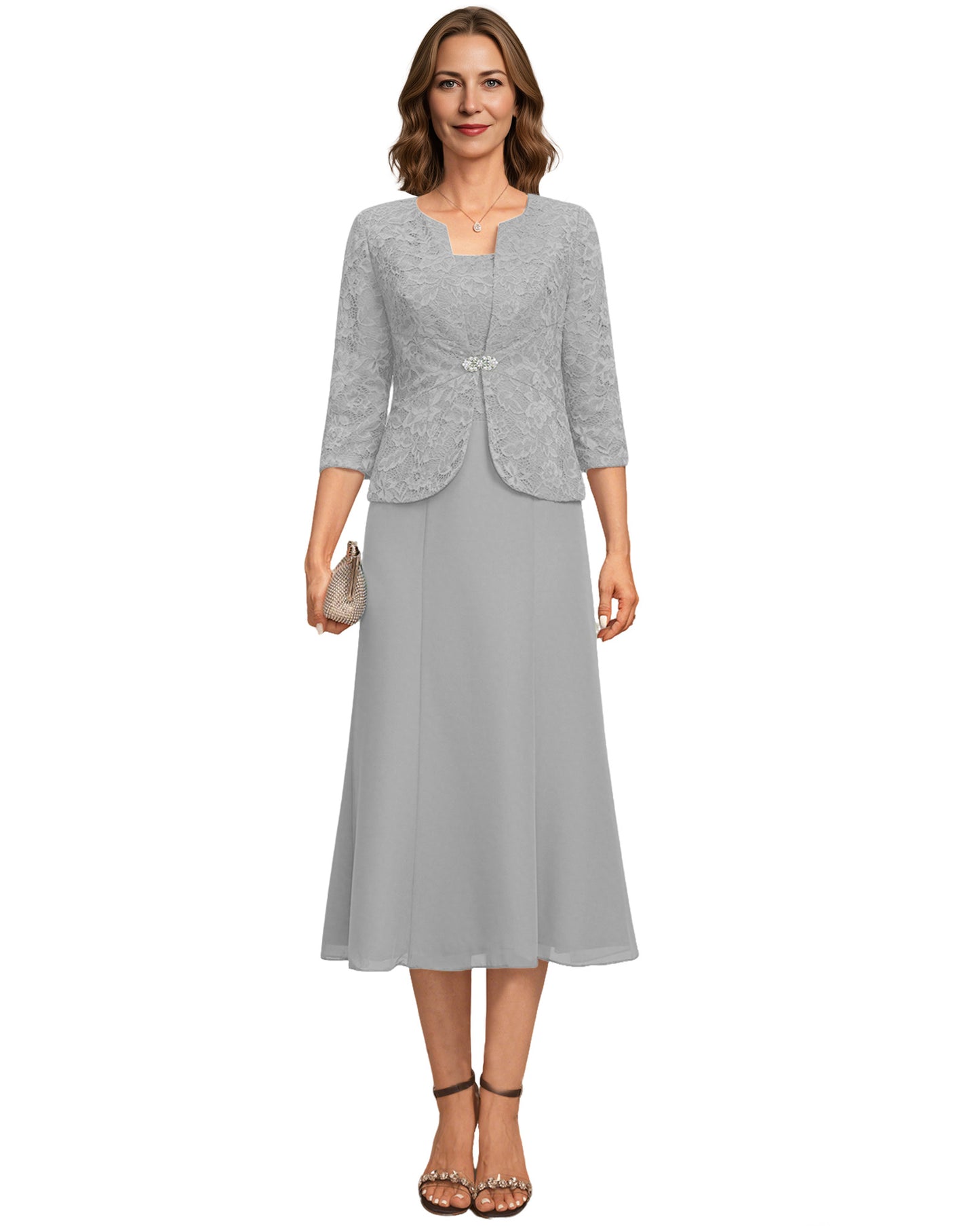 Tea Length Mother of the Bride Dress Lace Jacket Chiffon A-Line Wedding Guest Outfit