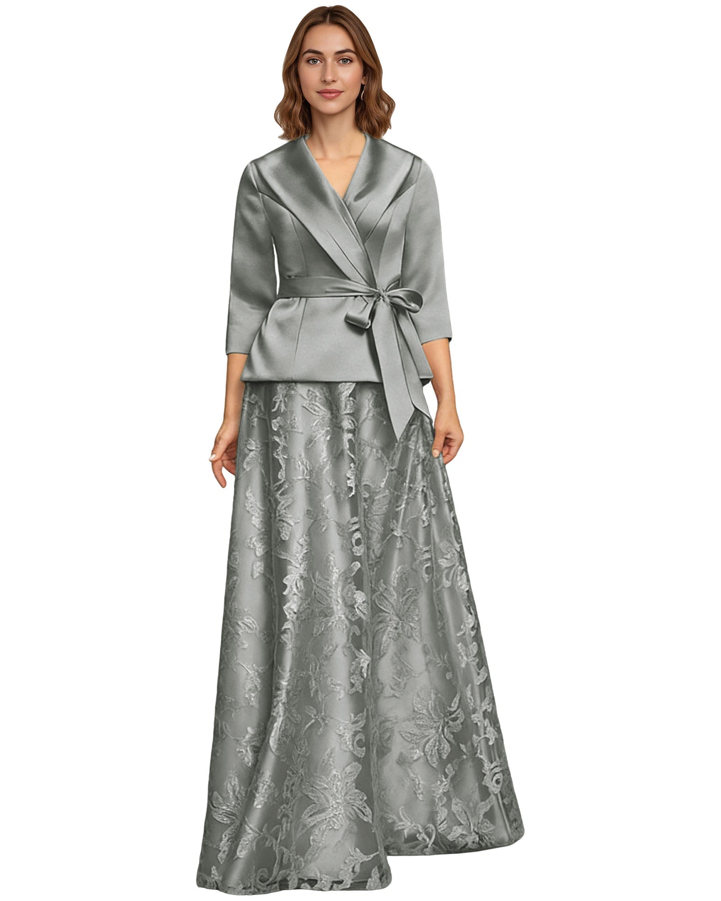 Two Piece Mother of the Bride Dress Satin Wrap Top Embroidered Long Skirt Formal Set
