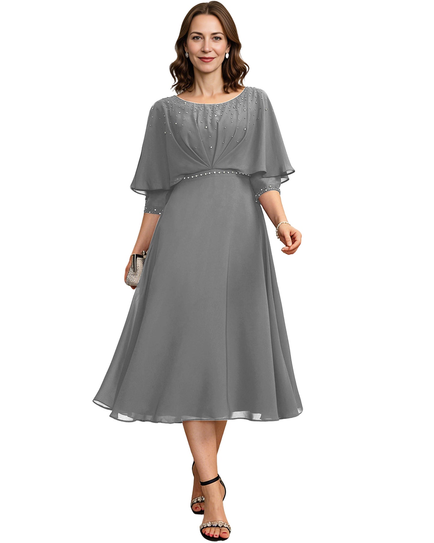 Beaded Cape Mother of the Bride Dress Tea Length Chiffon A-Line Formal Guest Gown