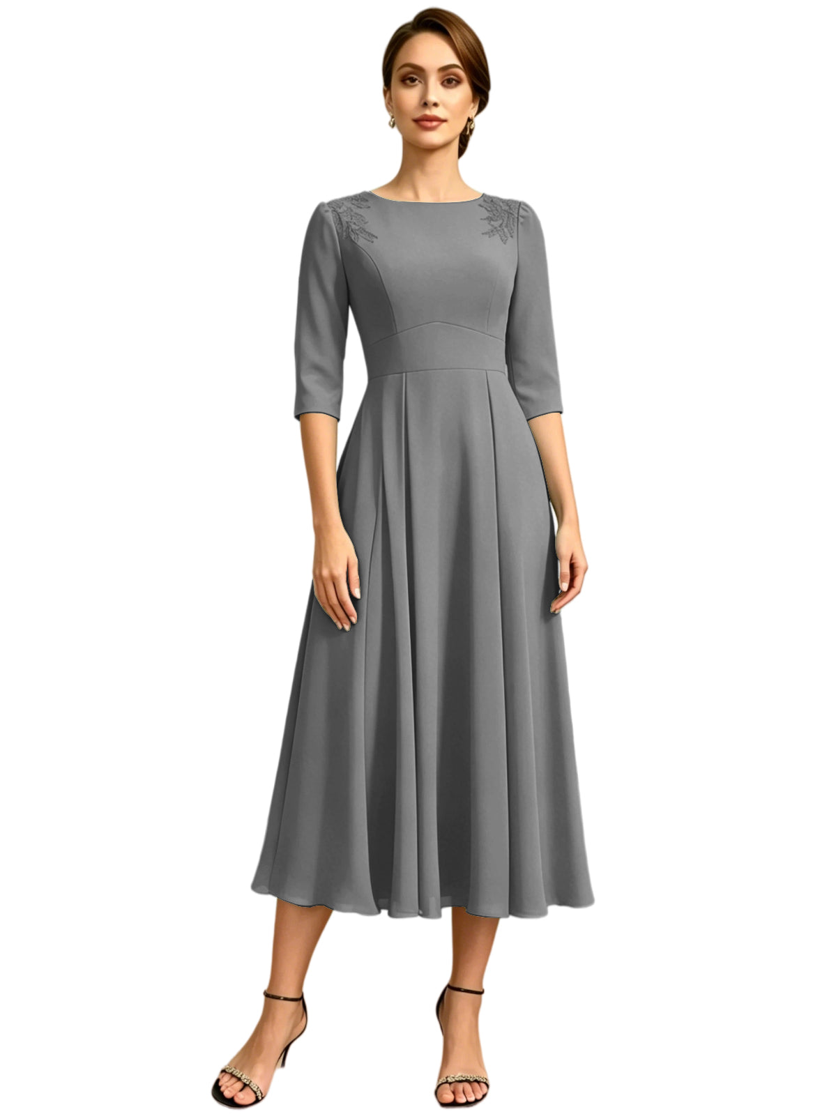 Tea Length Mother of the Bride Dress Jewel Neck Chiffon A-Line Formal Gown with Embroidery