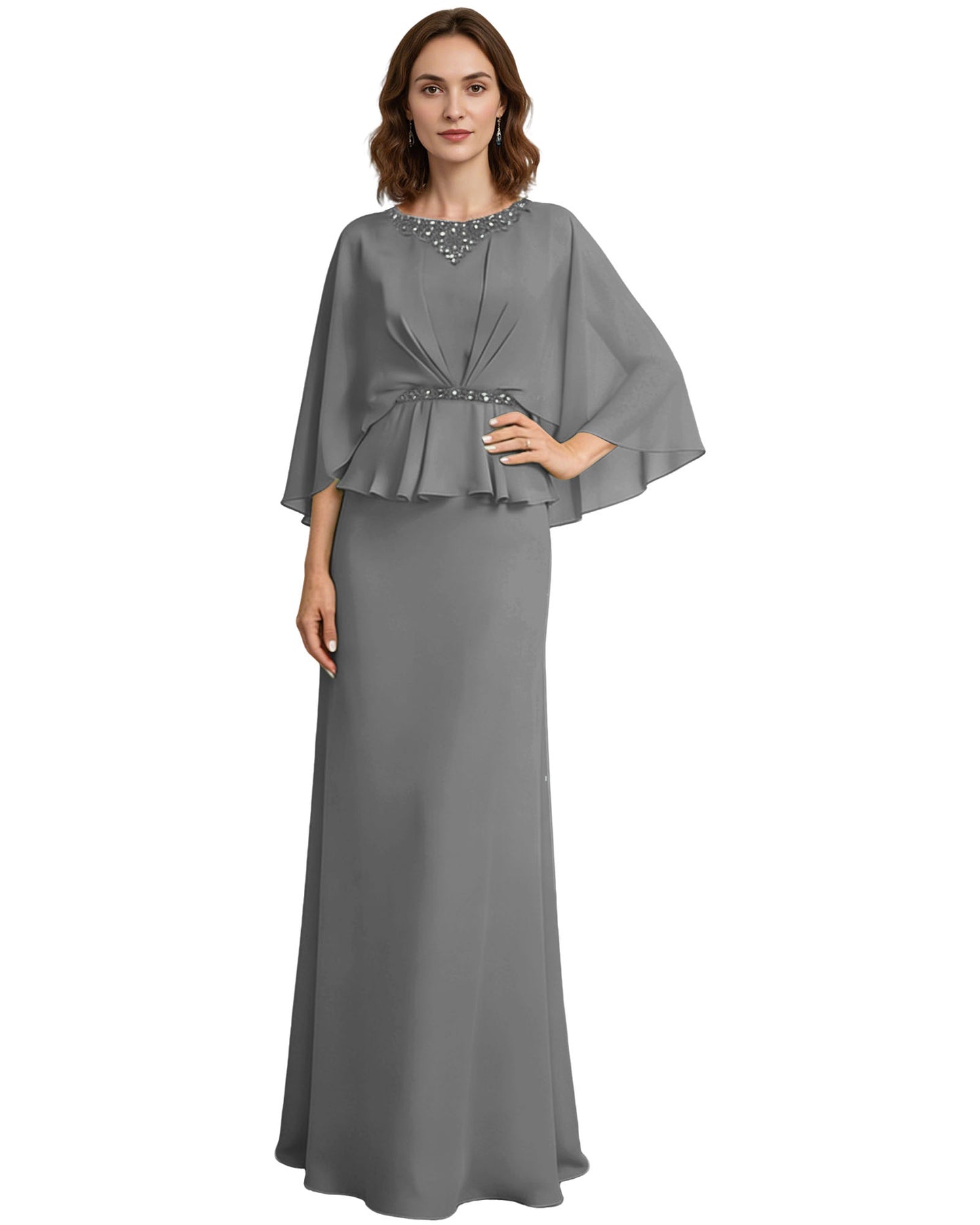Capelet Mother of the Bride Dress Long Beaded Neck Peplum Chiffon Formal Gown