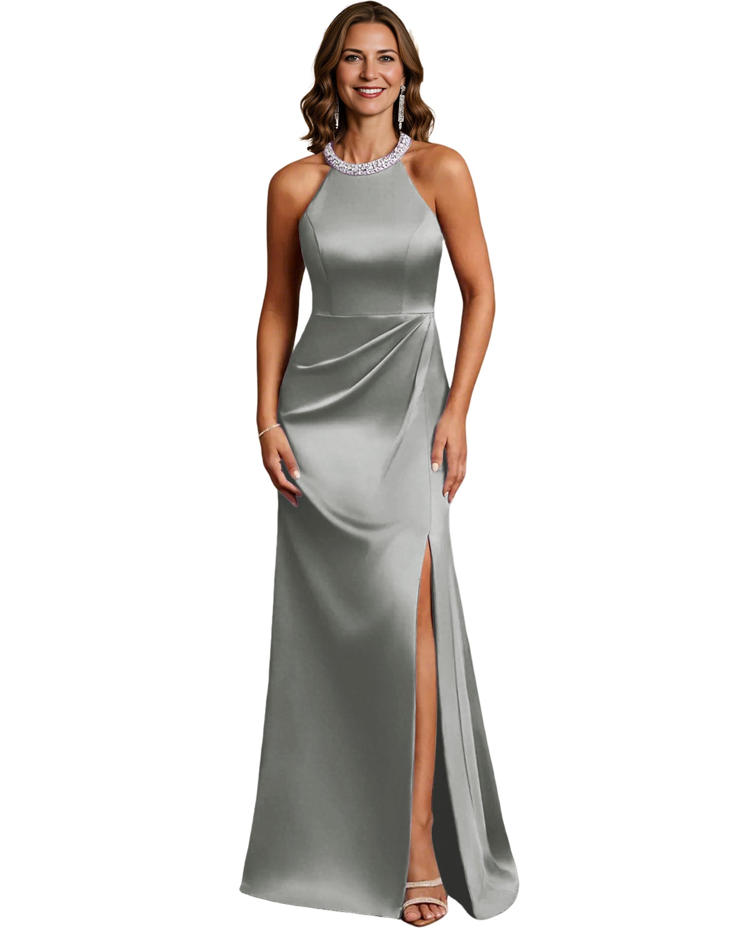 Halter Neck Mother of the Bride Dress Satin Mermaid Gown with Beaded Collar and Slit