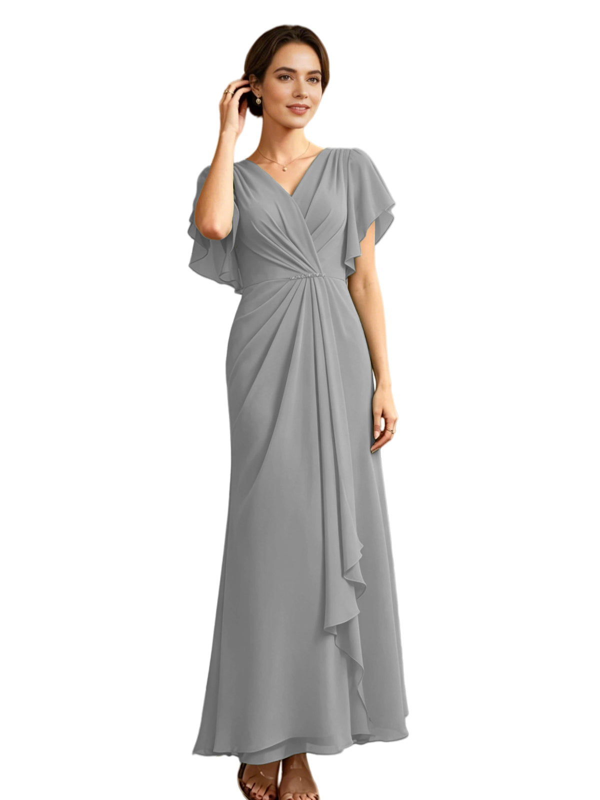 Long Chiffon Mother of the Bride Dress V-Neck Flutter Sleeve A-Line Gown with Beaded Waist