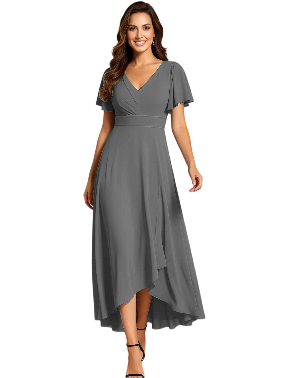 High Low Mother of the Bride Dress V-Neck Flutter Sleeve Chiffon Formal Gown