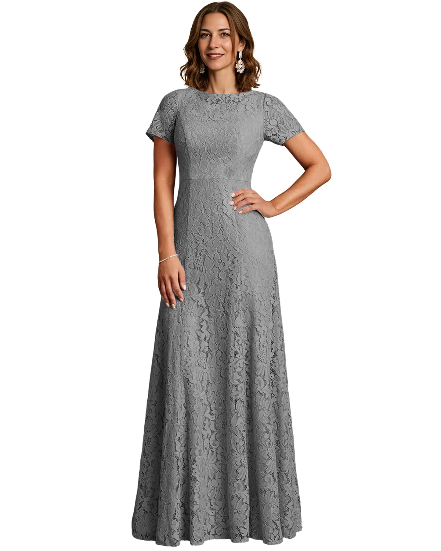 Long Lace Mother of the Bride Dress Short Sleeve Mermaid Gown with Crew Neckline