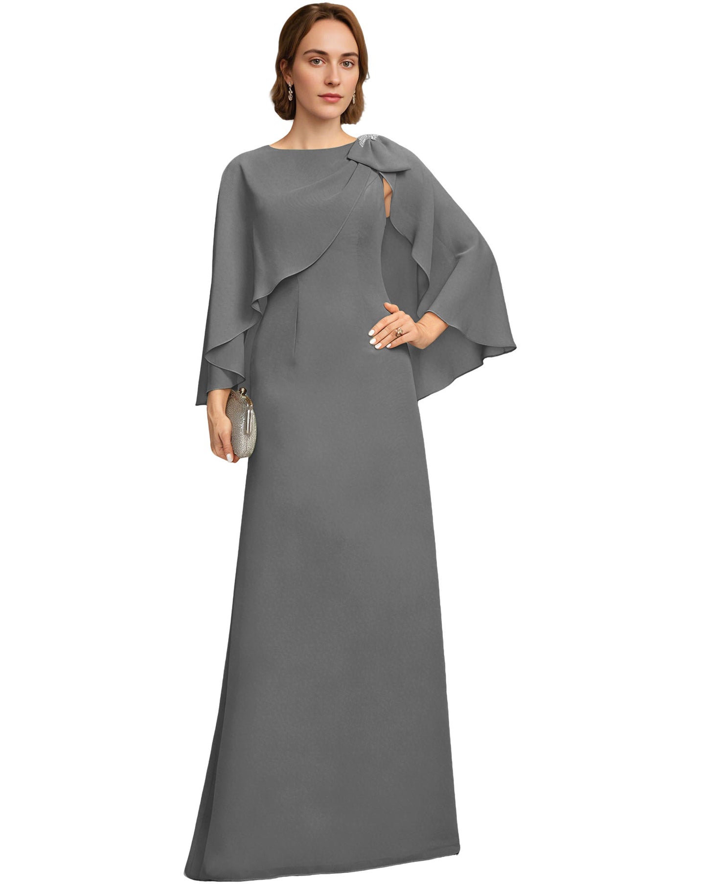 Long Cape Sleeve Mother of the Bride Dress Jewel Neck Chiffon Column Gown with Bow Detail
